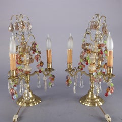 Antique Pair of Bronze and Crystal Prism Fruit Candelabra Lamps, Grape and Leaf