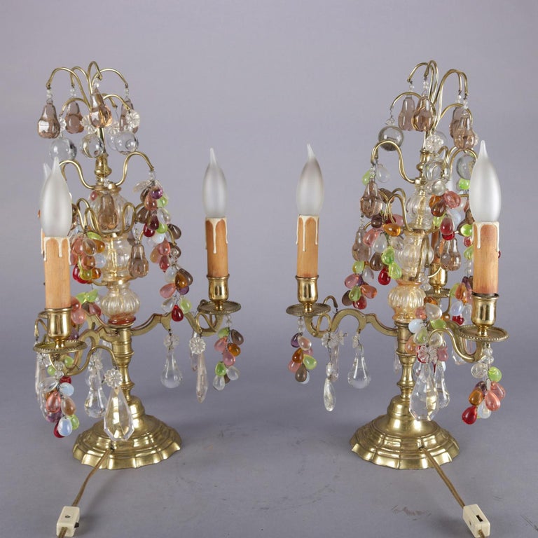 Antique Pair of Bronze and Crystal Prism Fruit Candelabra Lamps, Grape