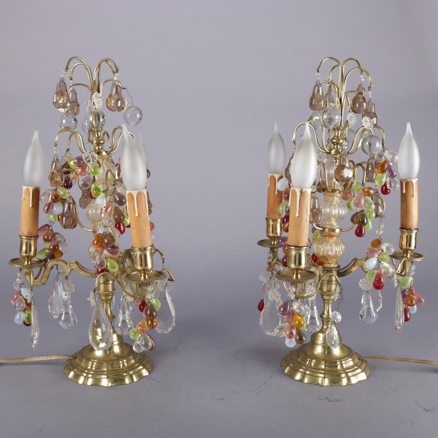 Antique Pair of Bronze and Crystal Prism Fruit Candelabra Lamps, Grape and Leaf In Good Condition In Big Flats, NY