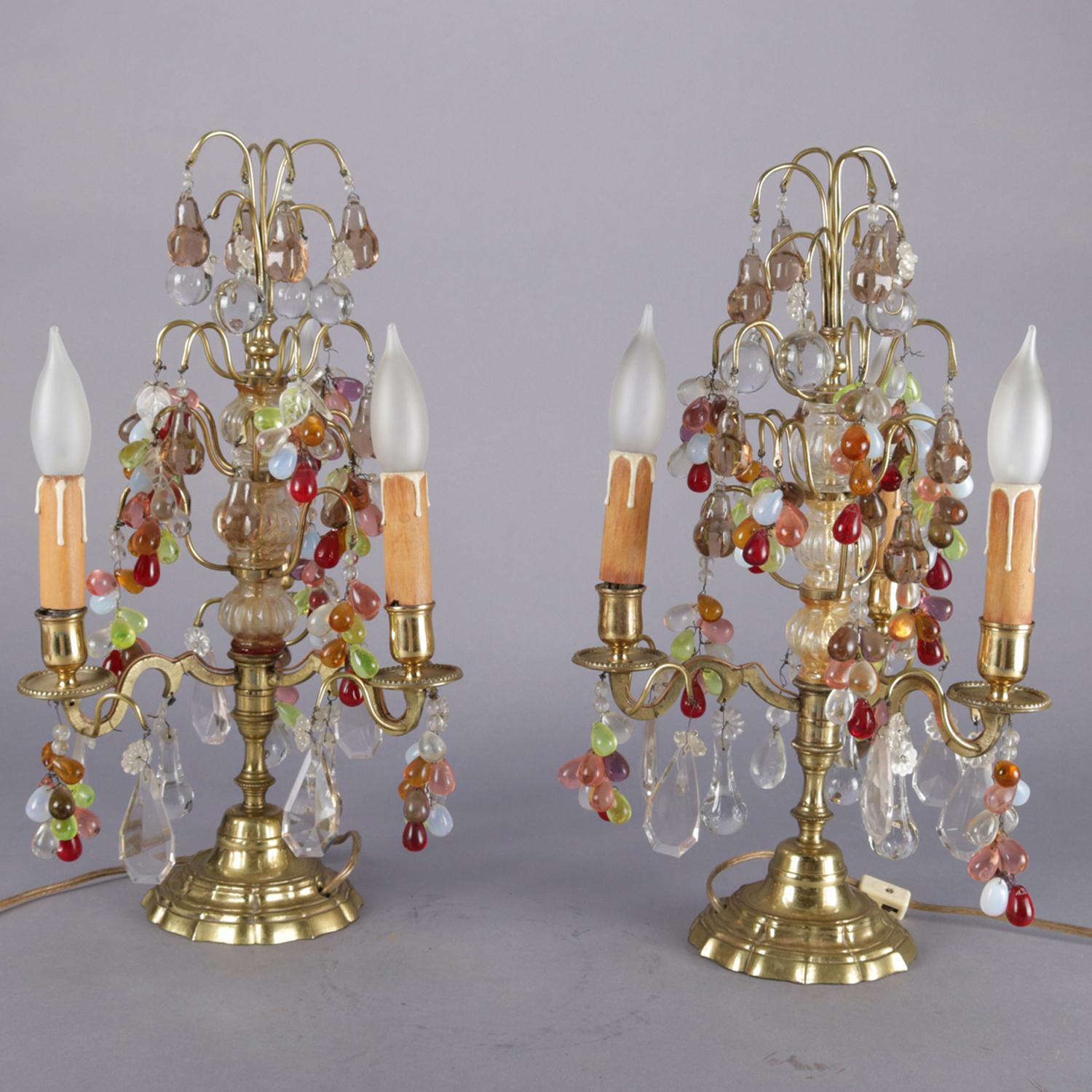 20th Century Antique Pair of Bronze and Crystal Prism Fruit Candelabra Lamps, Grape and Leaf