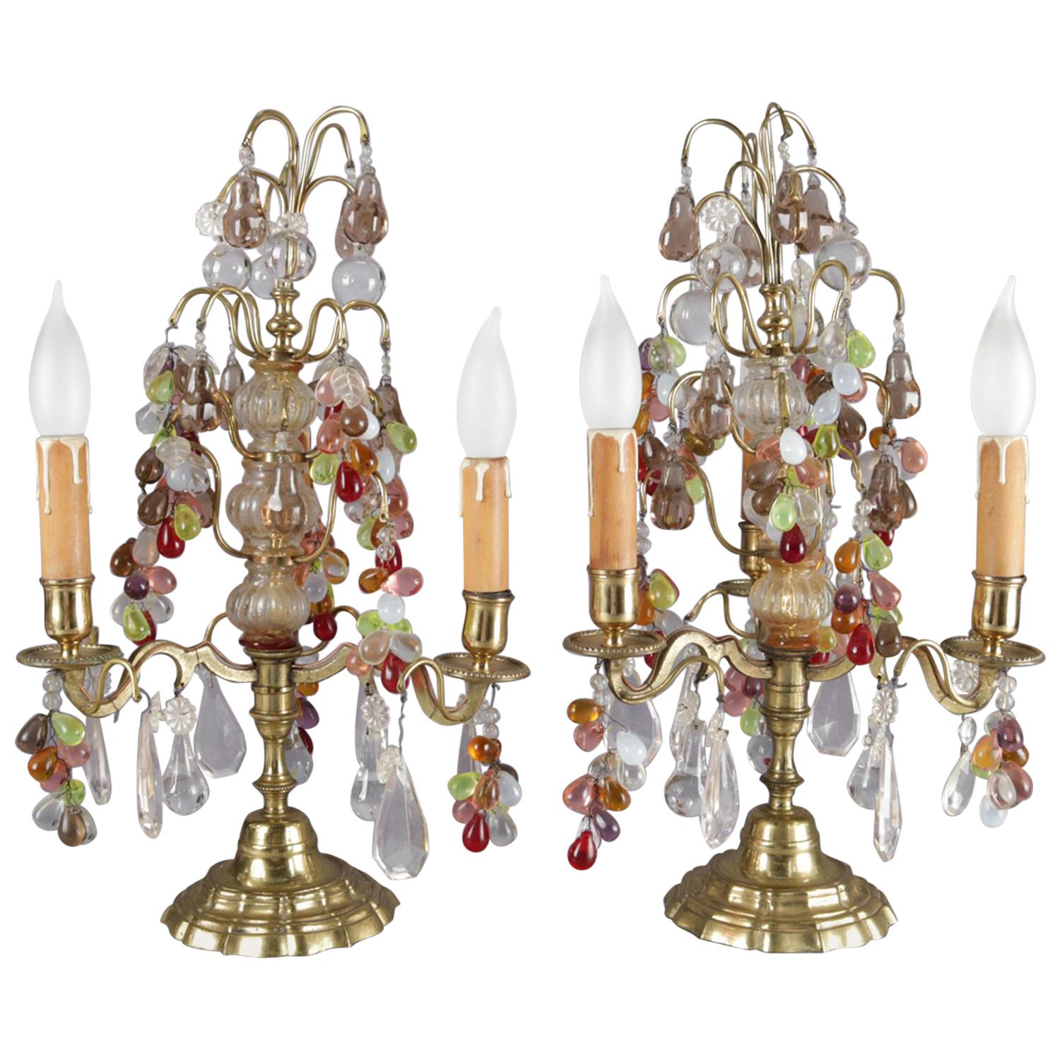 Antique Pair of Bronze and Crystal Prism Fruit Candelabra Lamps, Grape and Leaf