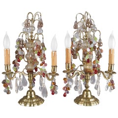 Vintage Pair of Bronze and Crystal Prism Fruit Candelabra Lamps, Grape and Leaf