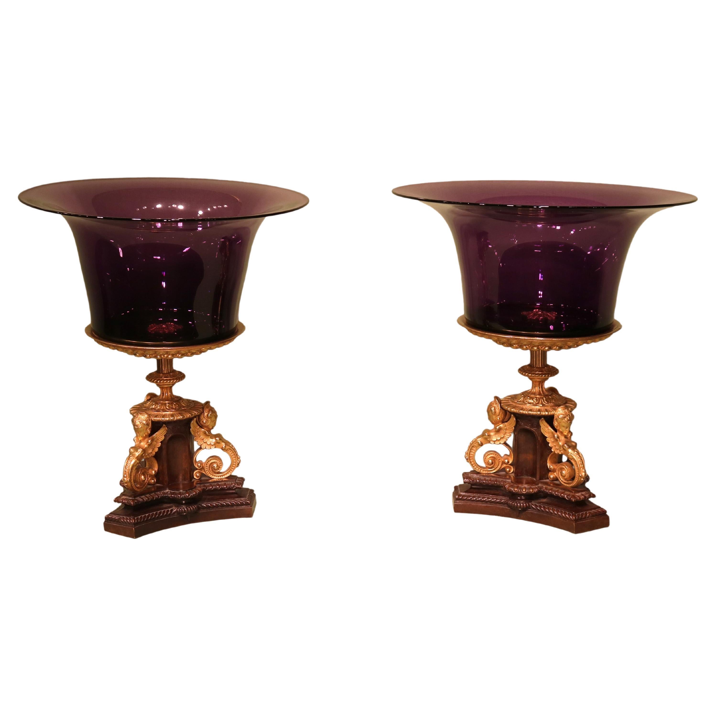 Ancienne paire de tazzas en bronze et bronze doré avec bols en verre améthyste