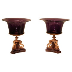 Antikes Paar Tazzas aus Bronze und Goldbronze mit Amethyst-Glasschalen