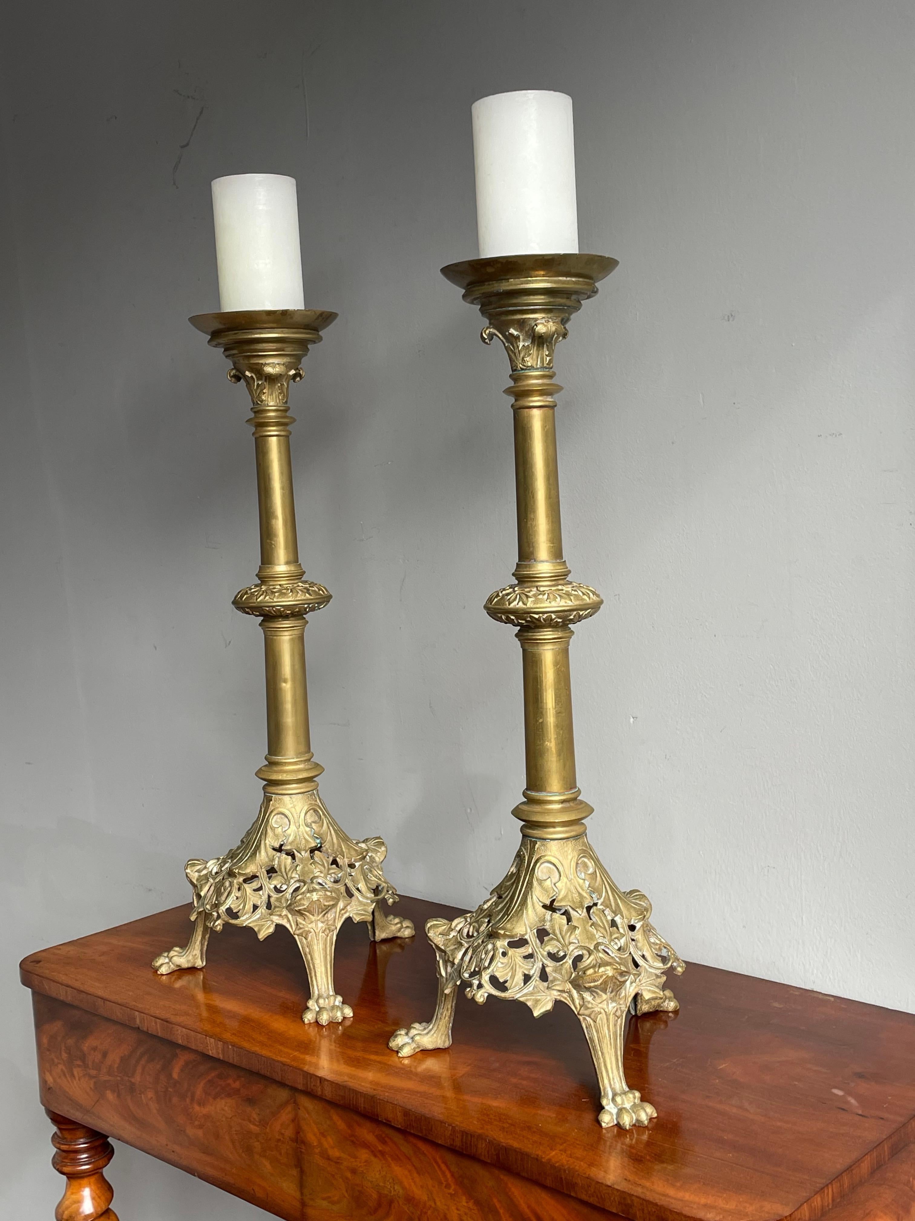Antique Pair of Bronze Gothic Revival Church Altar Candlesticks / Candle Holders For Sale 9
