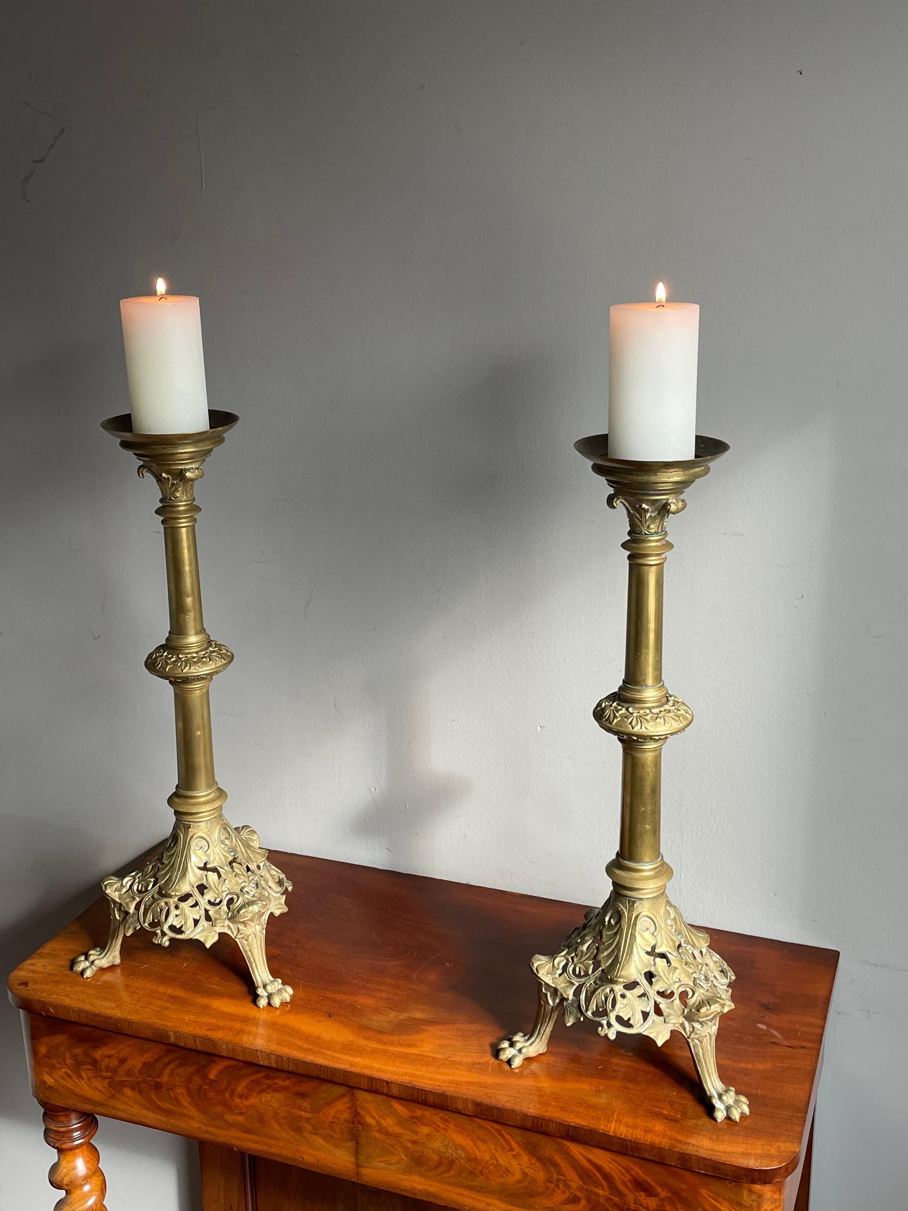 Antique Pair of Bronze Gothic Revival Church Altar Candlesticks / Candle Holders For Sale 12