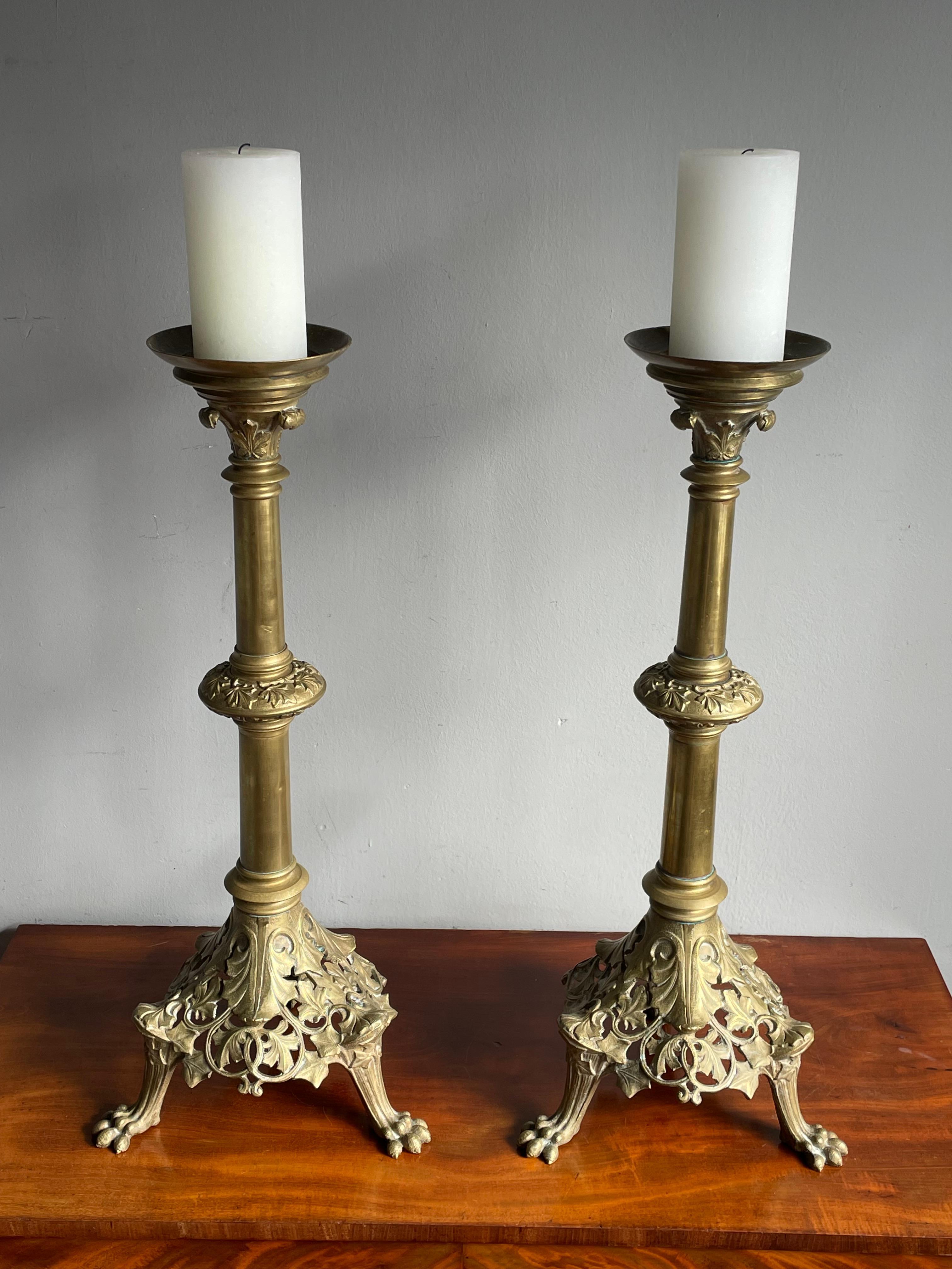 Stunning pair of antique Gothic Style candleholders.

If you are looking for a stylish and good size pair of church candle holders to create that special atmosphere then this bronze pair could be perfect for you. These handmade and finer quality