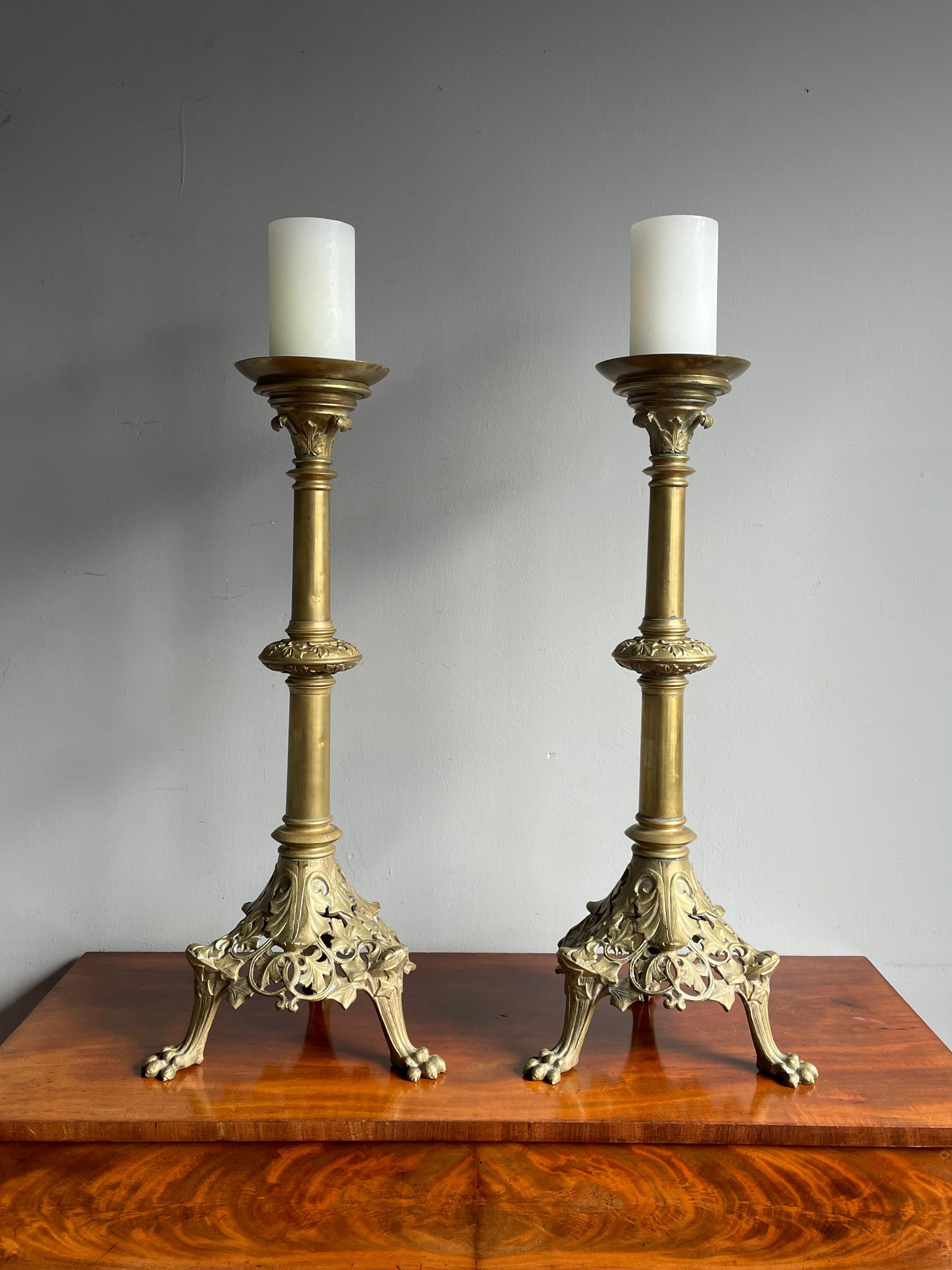Antique Pair of Bronze Gothic Revival Church Altar Candlesticks / Candle Holders For Sale 13