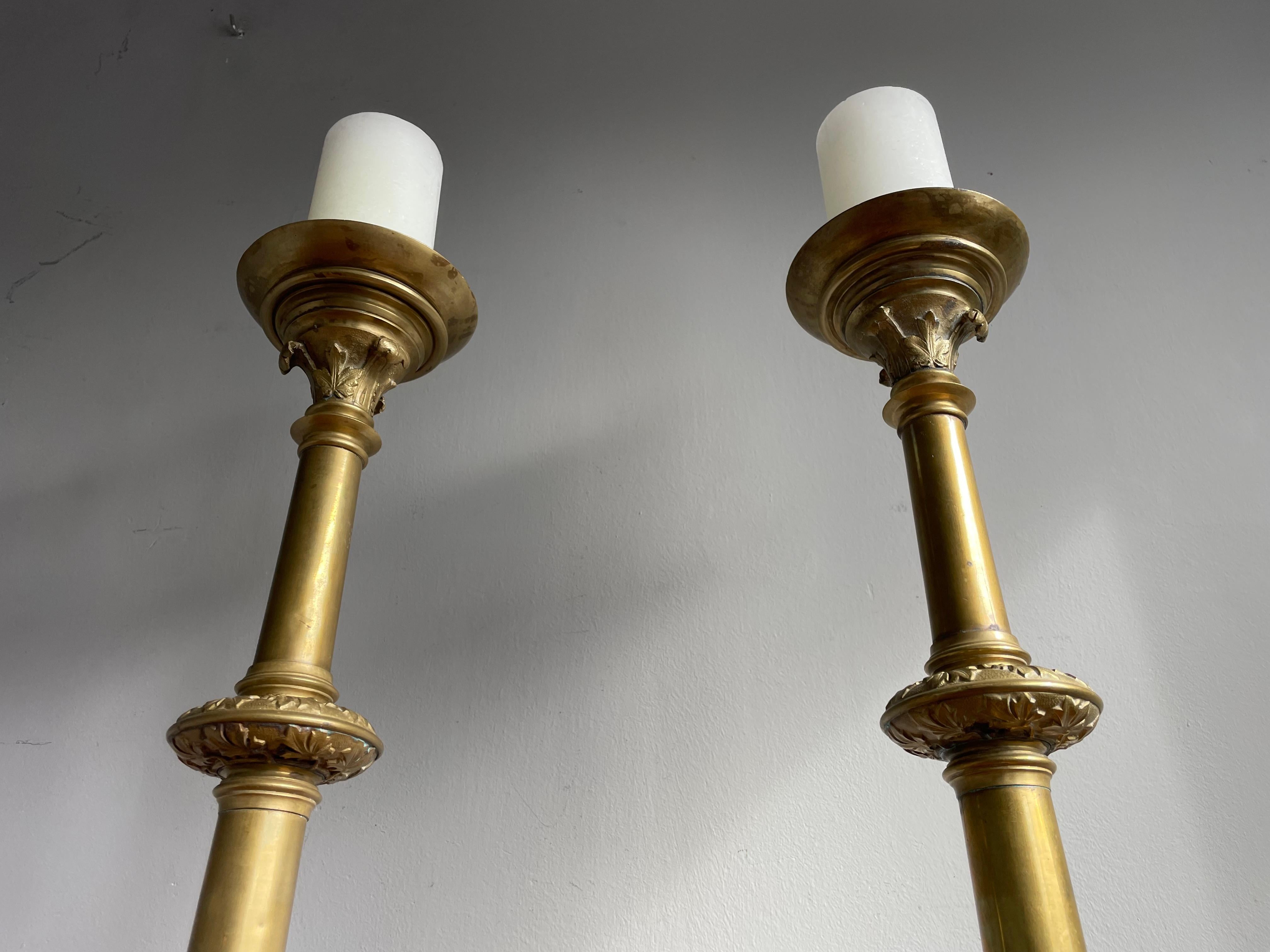 19th Century Antique Pair of Bronze Gothic Revival Church Altar Candlesticks / Candle Holders For Sale