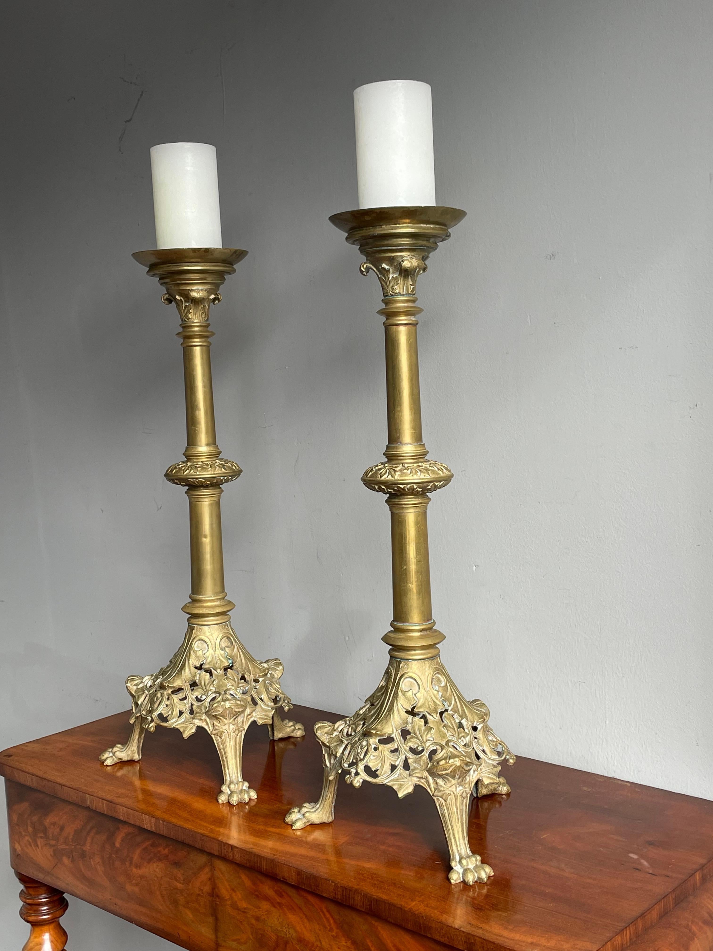 Metal Antique Pair of Bronze Gothic Revival Church Altar Candlesticks / Candle Holders For Sale