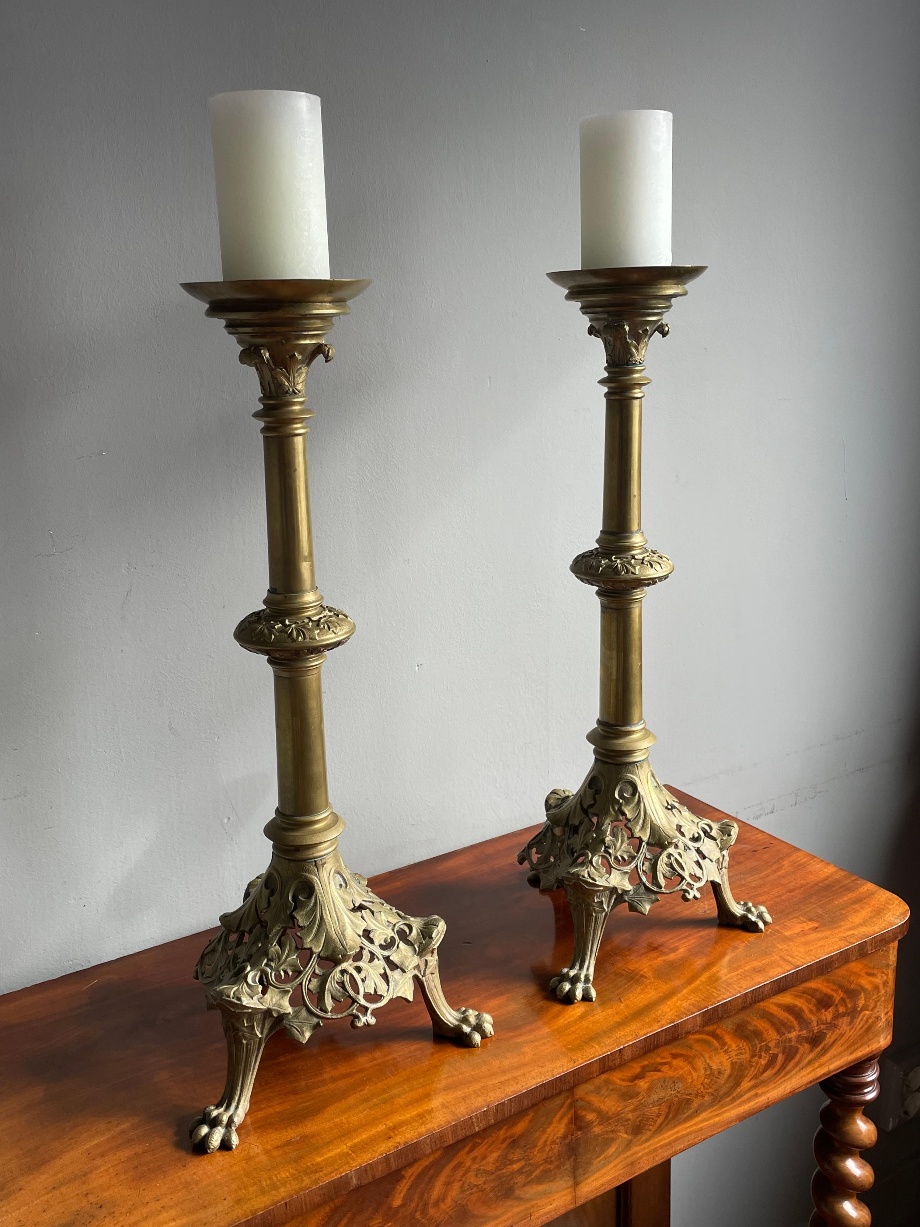 Antique Pair of Bronze Gothic Revival Church Altar Candlesticks / Candle Holders For Sale 2