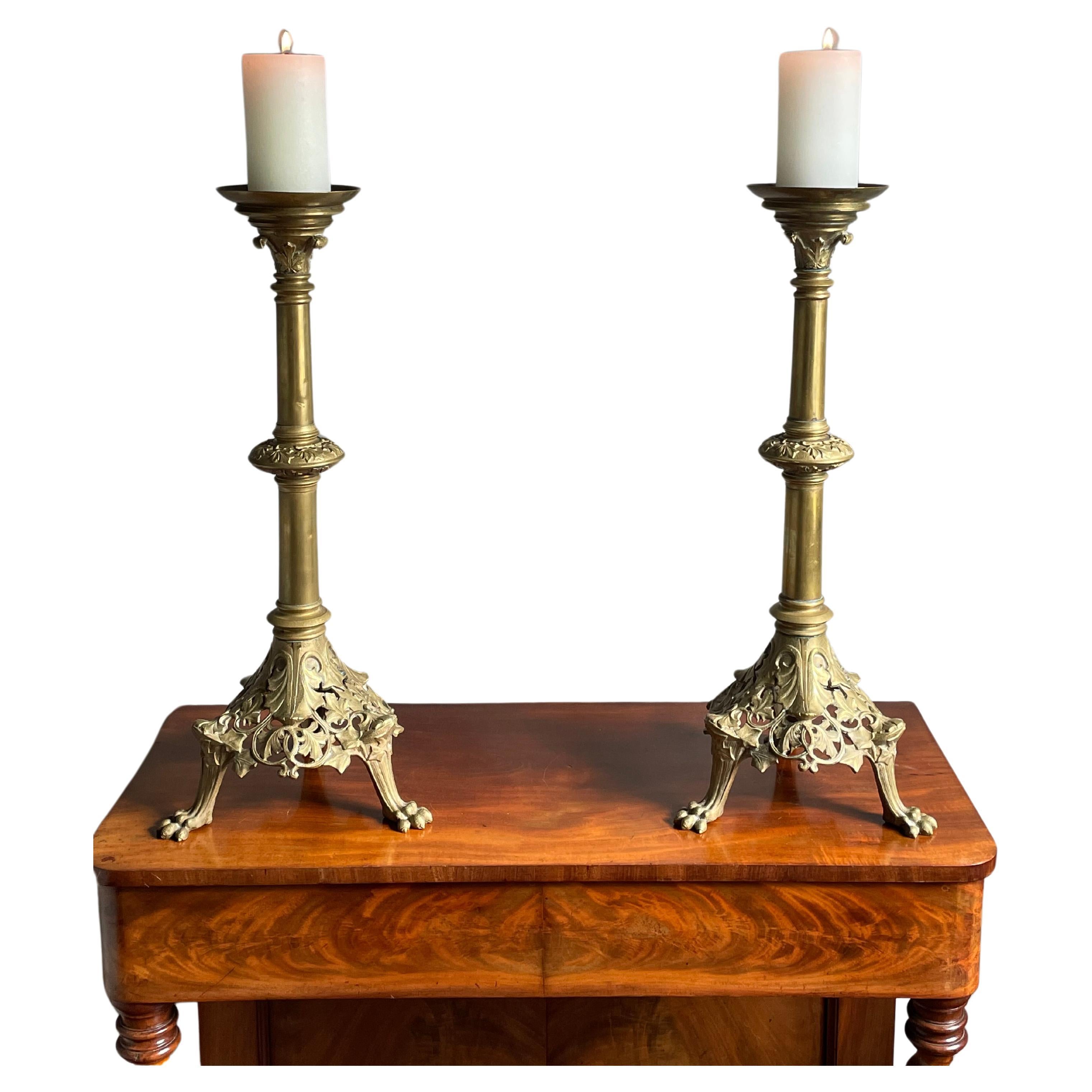 Antique Pair of Bronze Gothic Revival Church Altar Candlesticks / Candle Holders For Sale