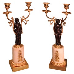 Antique Pair of Bronze, Ormolu and White Marble Figure Candelabra