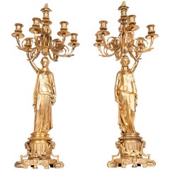Antique Pair of Bronze Six-Light Candelabra with Flame Finials