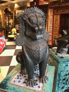 Antique Pair of Bronze Standing Foo Dogs Khmer Style