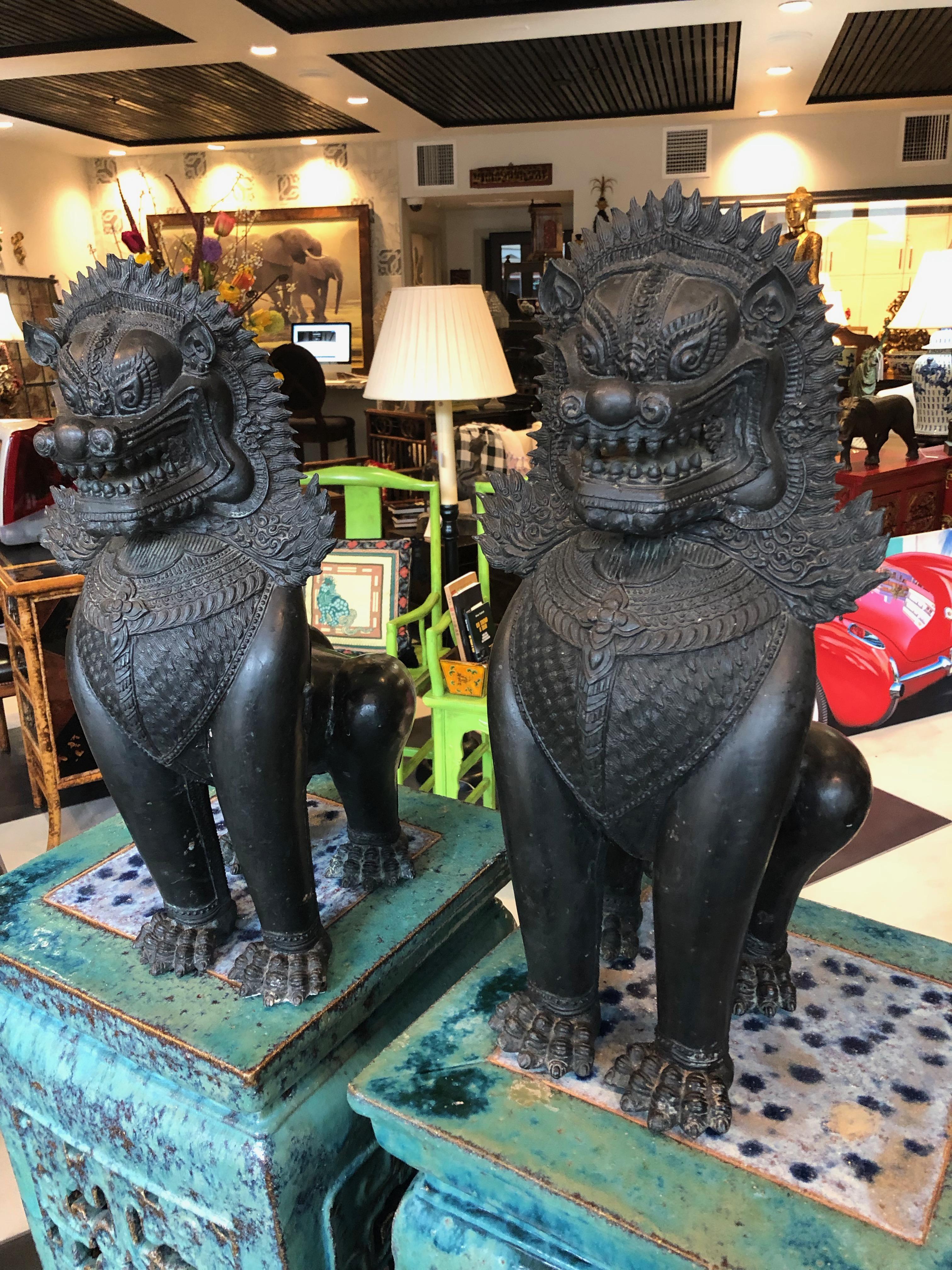 Chinese Export Antique Pair of Bronze Standing Foo Dogs Khmer Style
