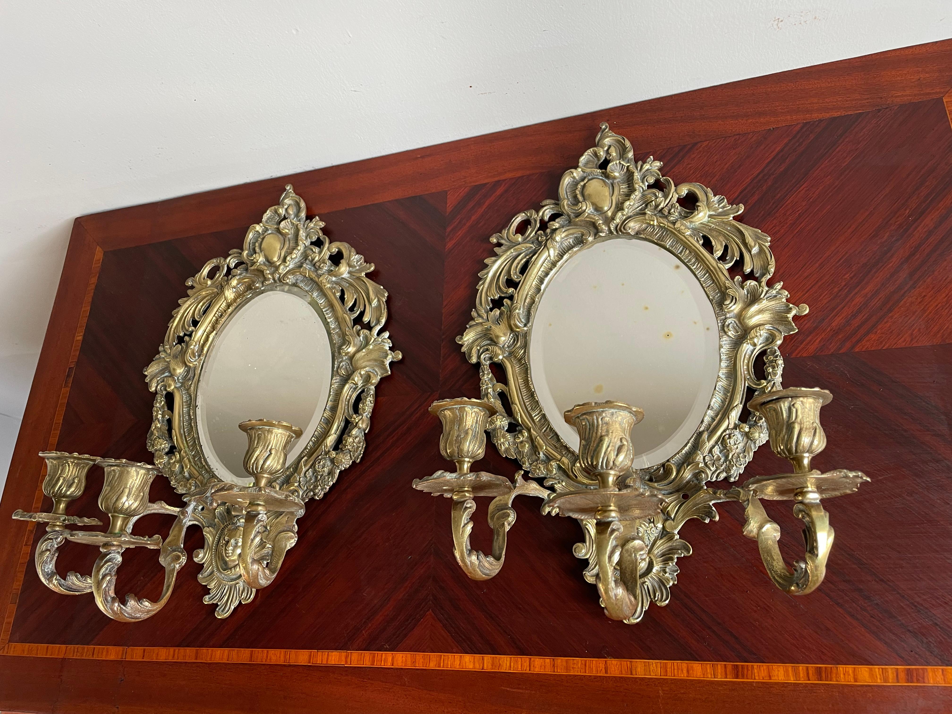 Antique Pair of Bronze Wall Sconce Candelabras w. Beveled Mirrors & Goddess Mask For Sale 4