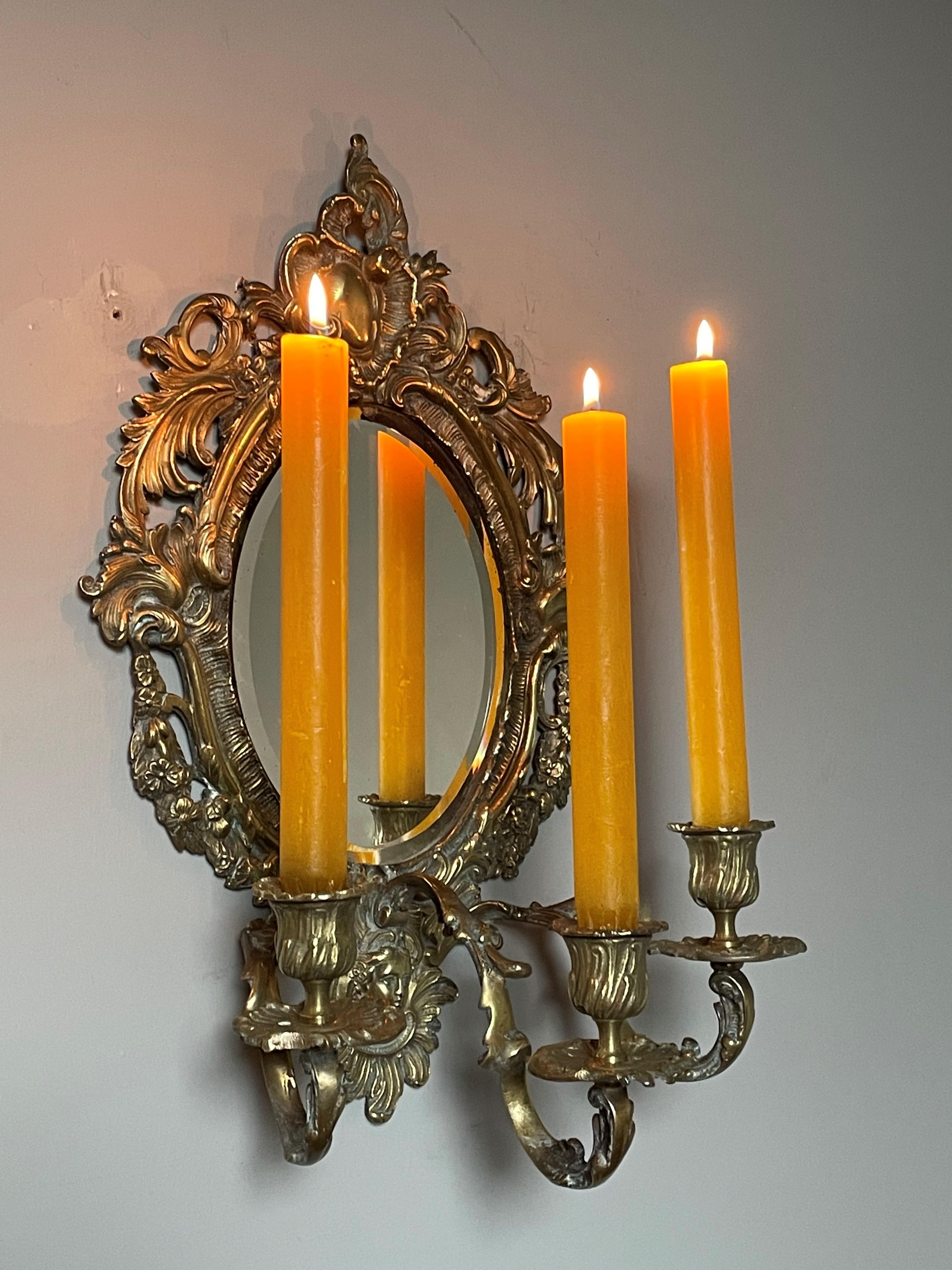 Antique Pair of Bronze Wall Sconce Candelabras w. Beveled Mirrors & Goddess Mask For Sale 7
