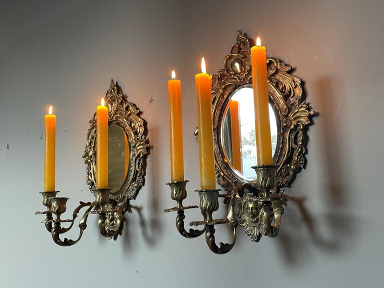 Antique Pair of Bronze Wall Sconce Candelabras w. Beveled Mirrors and