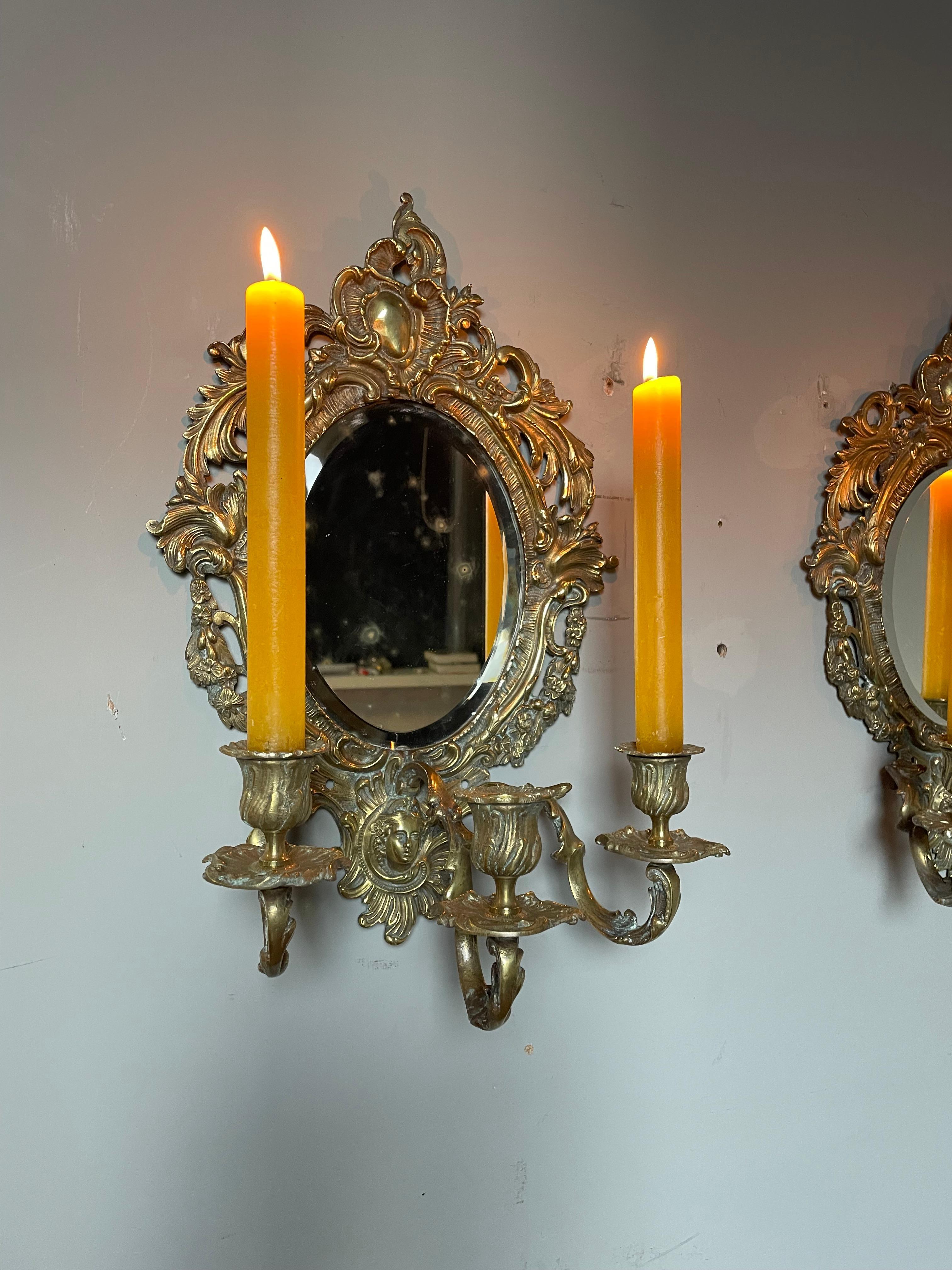 Antique Pair of Bronze Wall Sconce Candelabras w. Beveled Mirrors & Goddess Mask For Sale 11