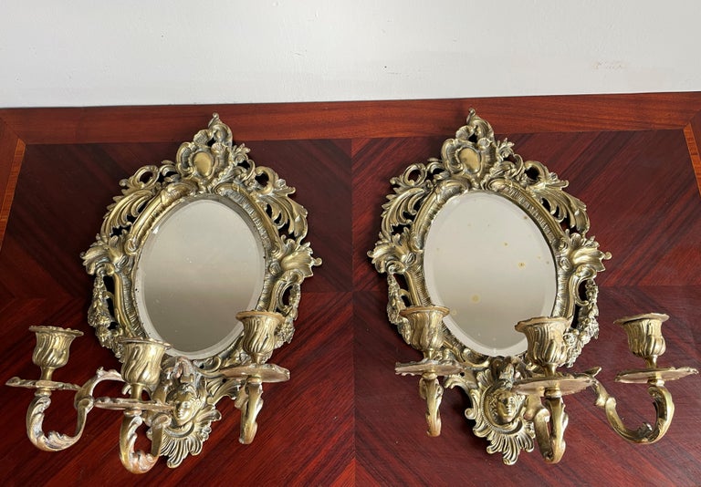 Antique Pair of Bronze Wall Sconce Candelabras w. Beveled Mirrors and