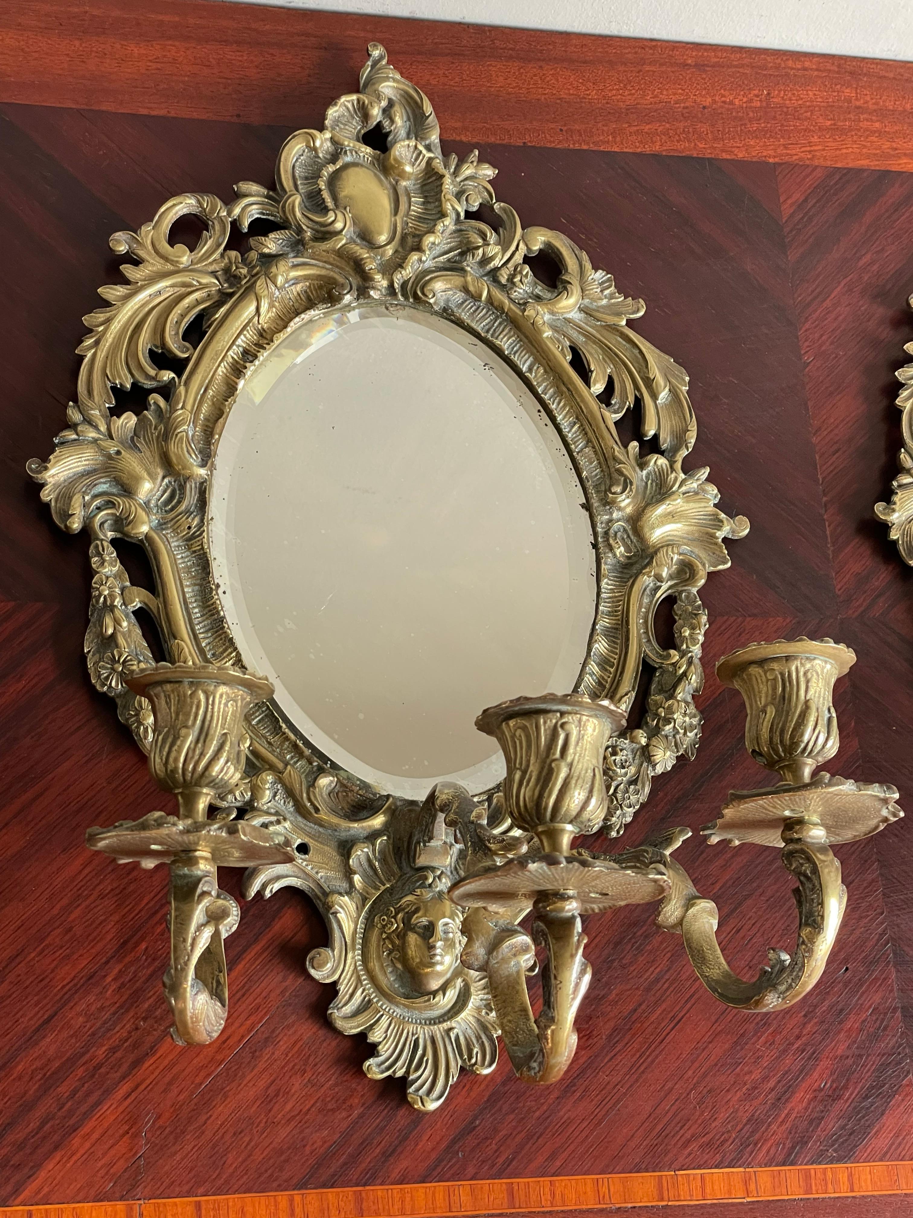 Rococo Revival Antique Pair of Bronze Wall Sconce Candelabras w. Beveled Mirrors & Goddess Mask For Sale