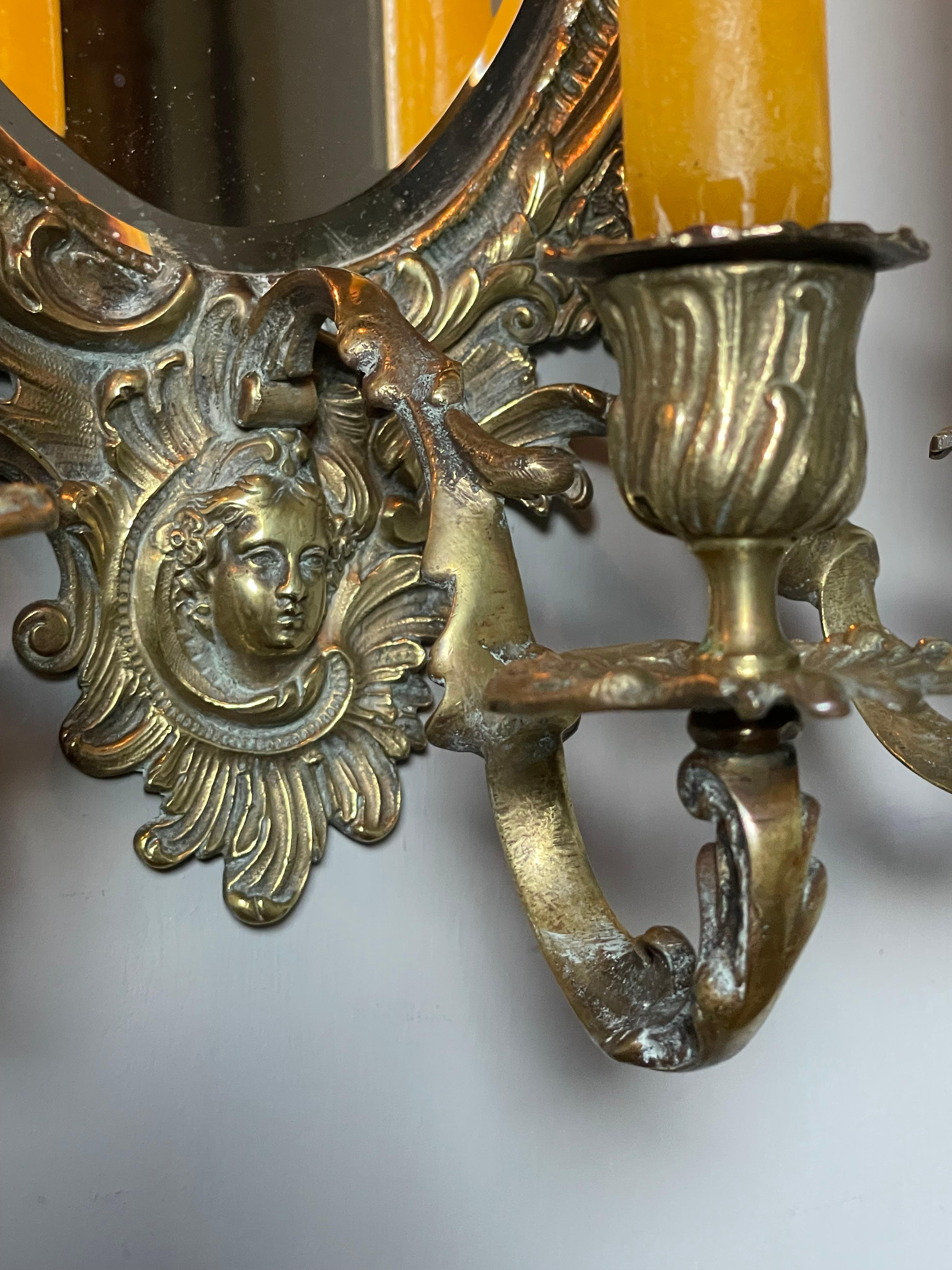 French Antique Pair of Bronze Wall Sconce Candelabras w. Beveled Mirrors & Goddess Mask For Sale