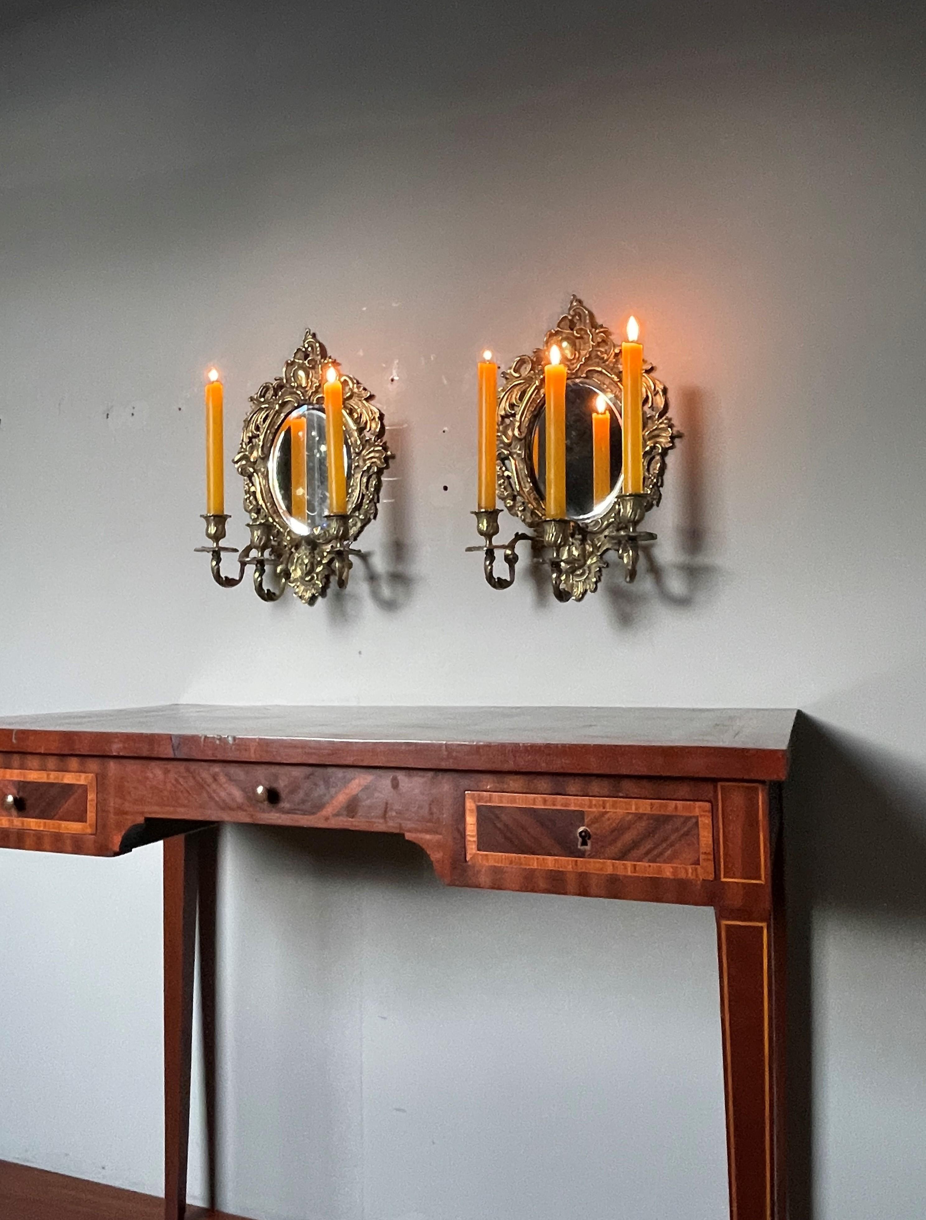 Antique Pair of Bronze Wall Sconce Candelabras w. Beveled Mirrors & Goddess Mask In Good Condition For Sale In Lisse, NL