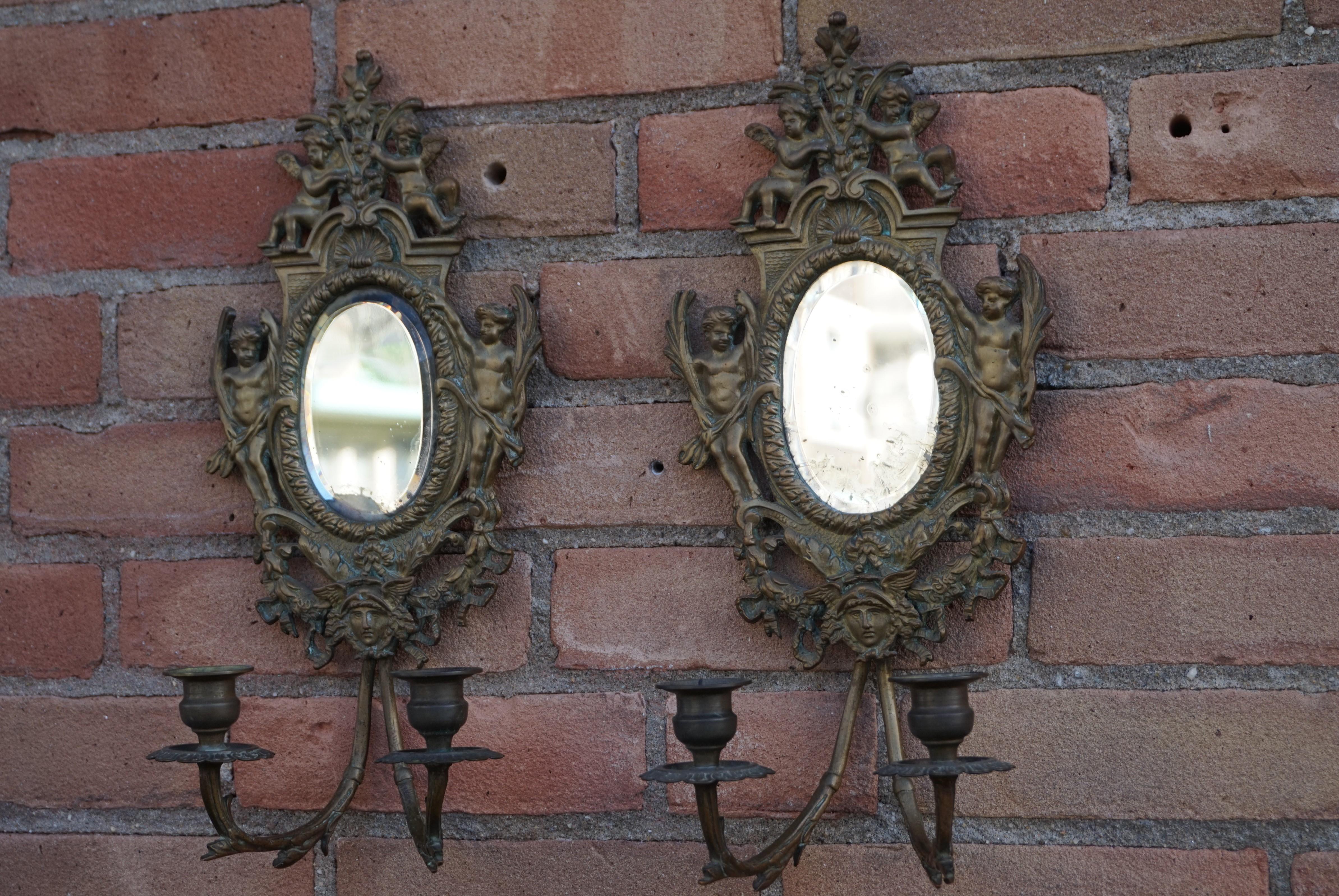 Antique Pair of Bronze Wall Sconce Candelabras w. Mirrors, Angels & Medusa Masks 4