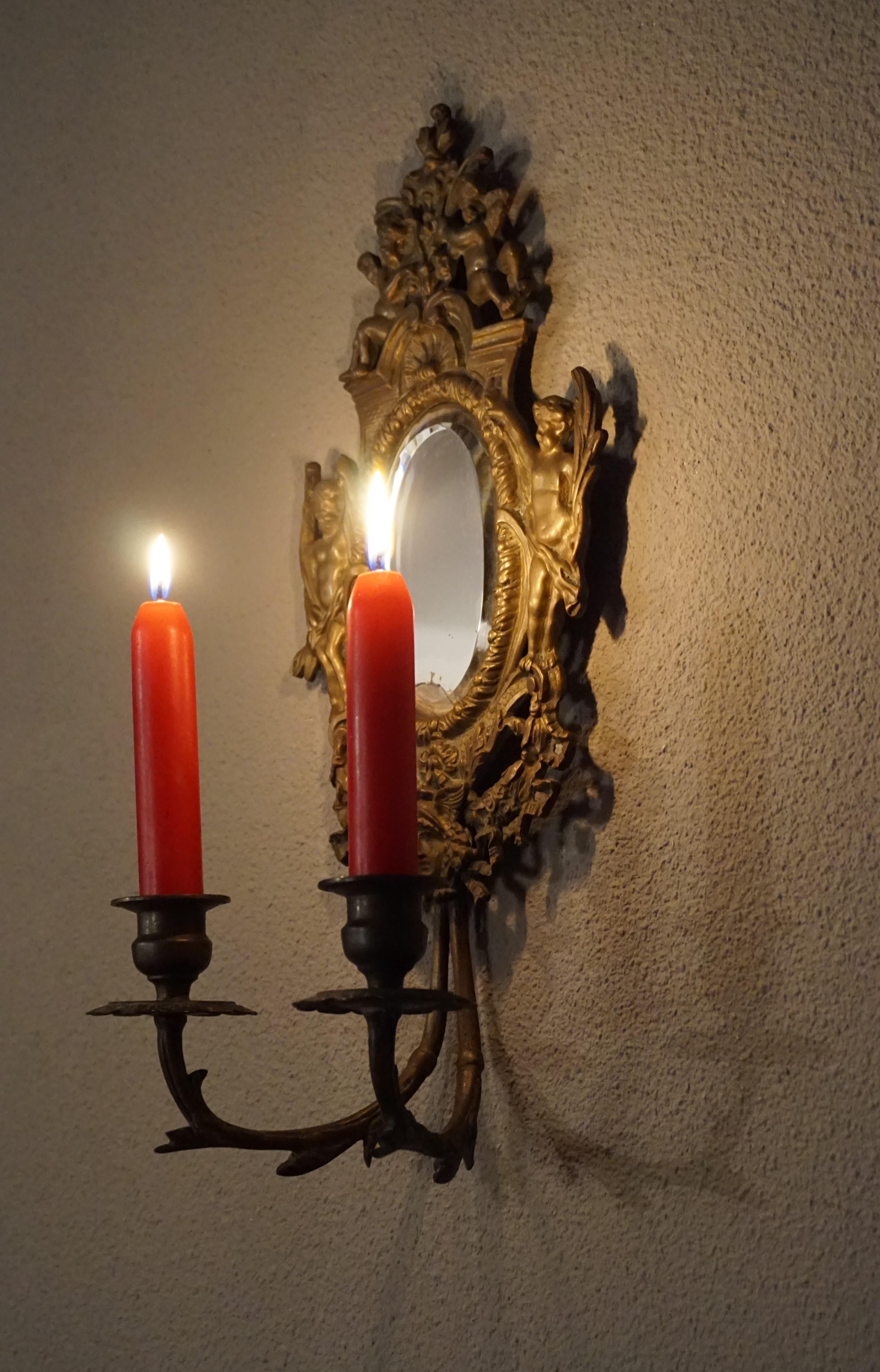 Antique Pair of Bronze Wall Sconce Candelabras w. Mirrors, Angels & Medusa Masks 5
