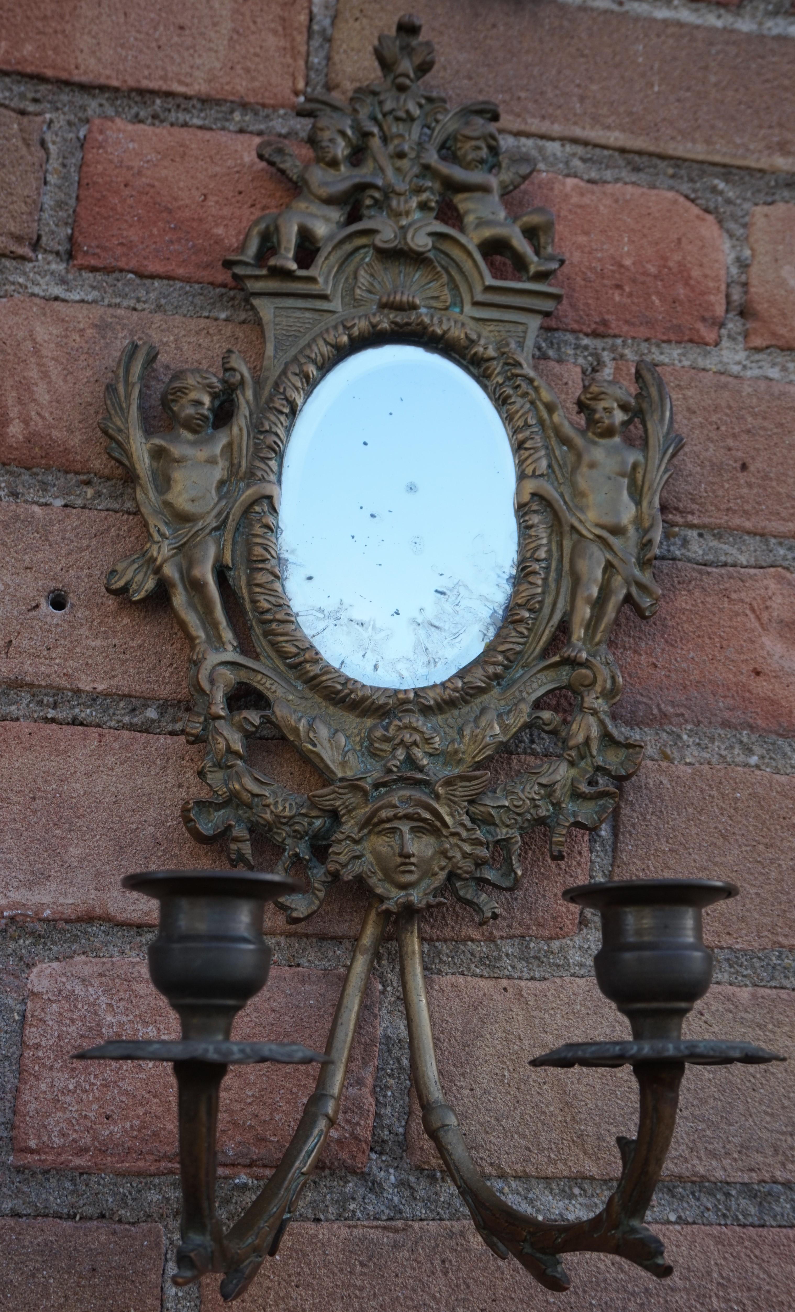 Antique Pair of Bronze Wall Sconce Candelabras w. Mirrors, Angels & Medusa Masks 6