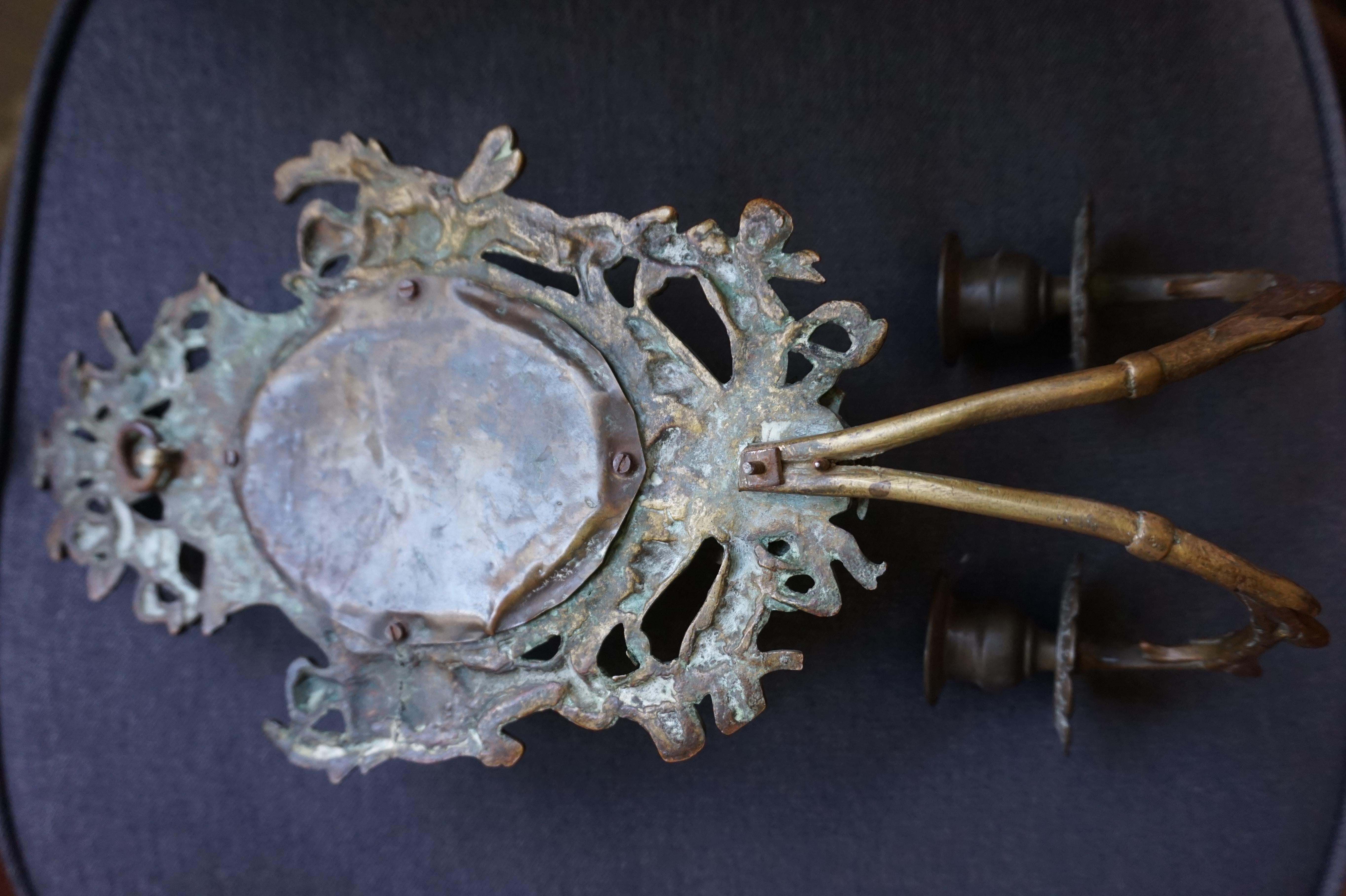 Antique Pair of Bronze Wall Sconce Candelabras w. Mirrors, Angels & Medusa Masks 8