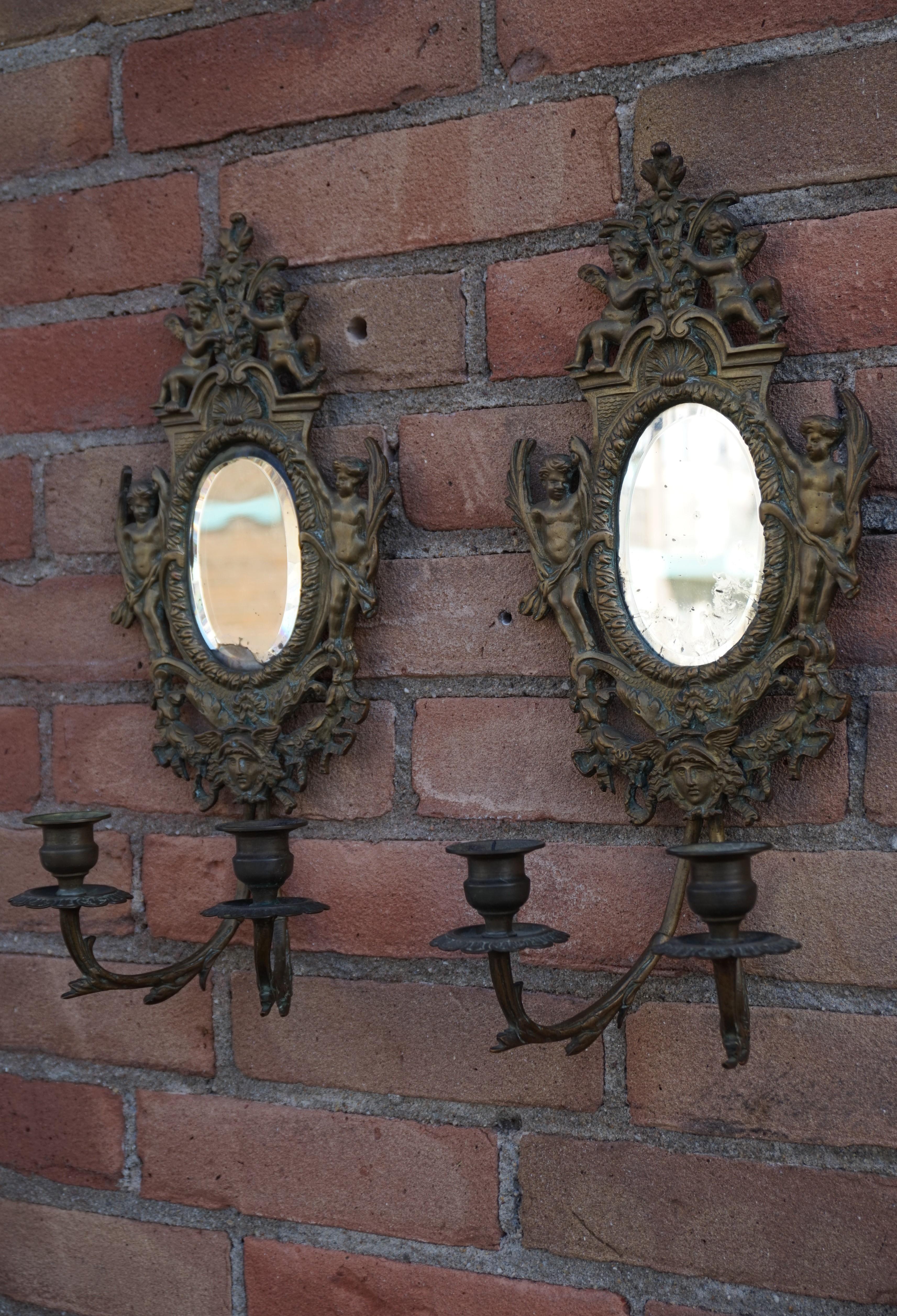 Antique Pair of Bronze Wall Sconce Candelabras w. Mirrors, Angels & Medusa Masks 10