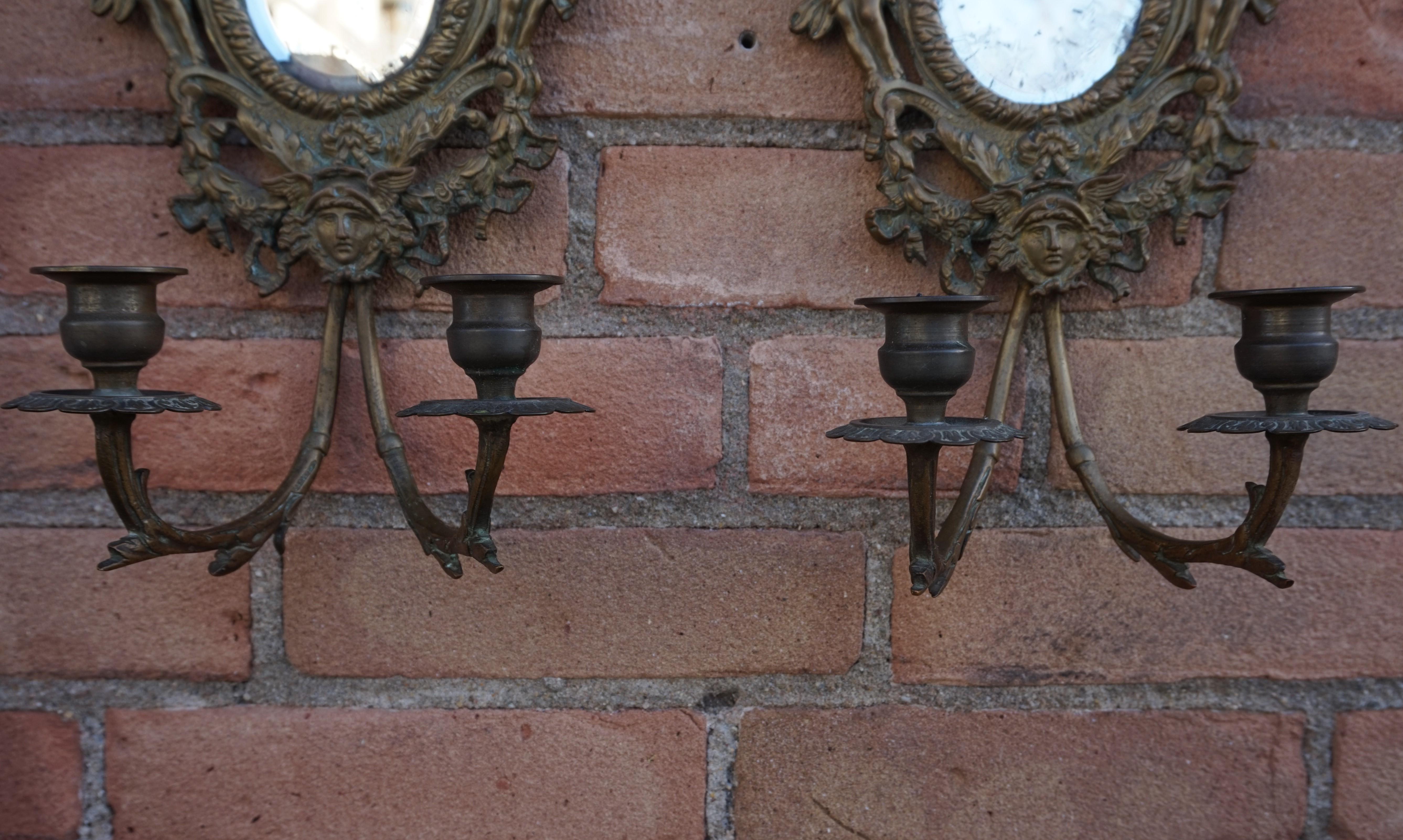 Antique Pair of Bronze Wall Sconce Candelabras w. Mirrors, Angels & Medusa Masks 11
