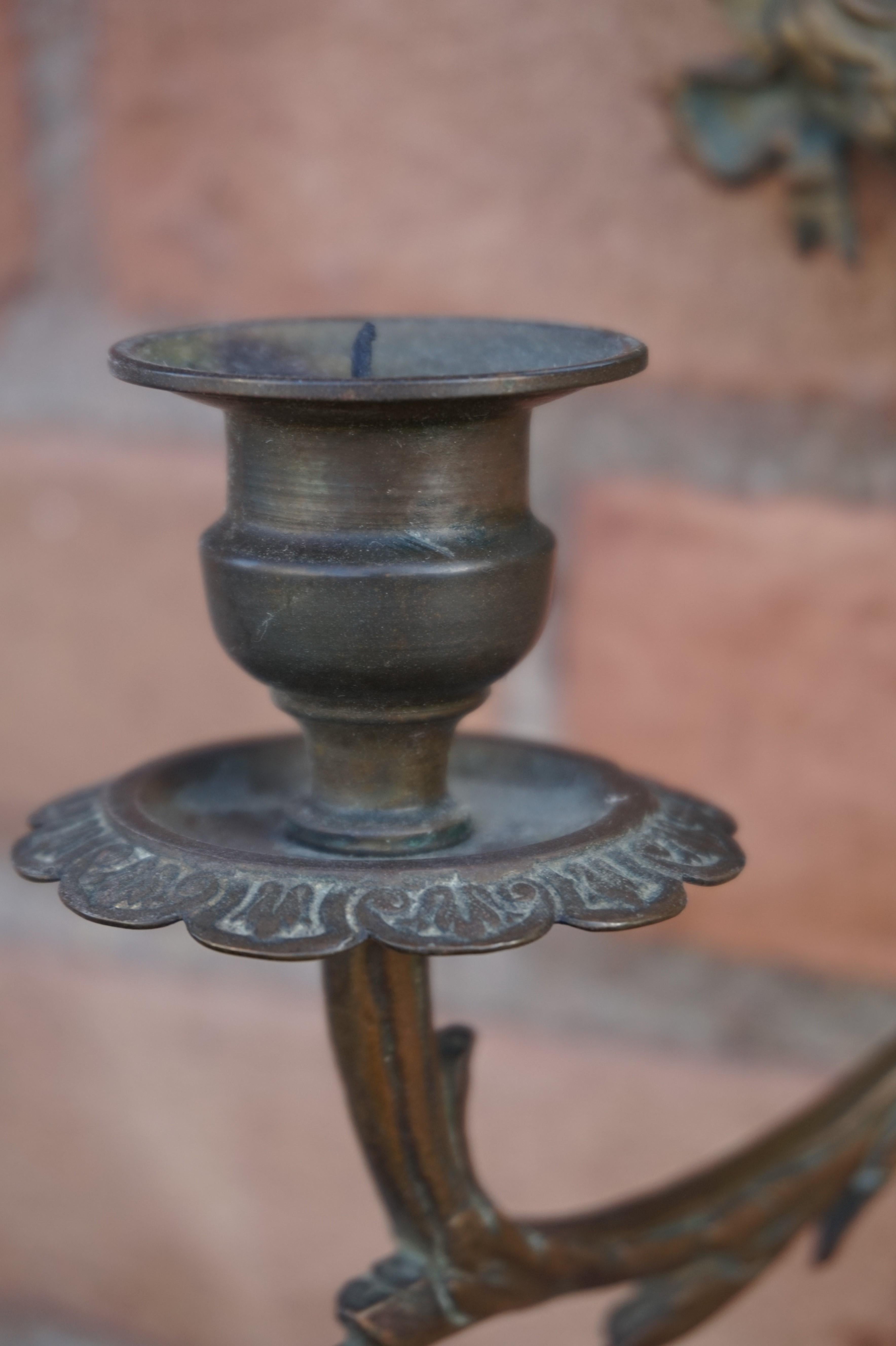 Antique Pair of Bronze Wall Sconce Candelabras w. Mirrors, Angels & Medusa Masks 12