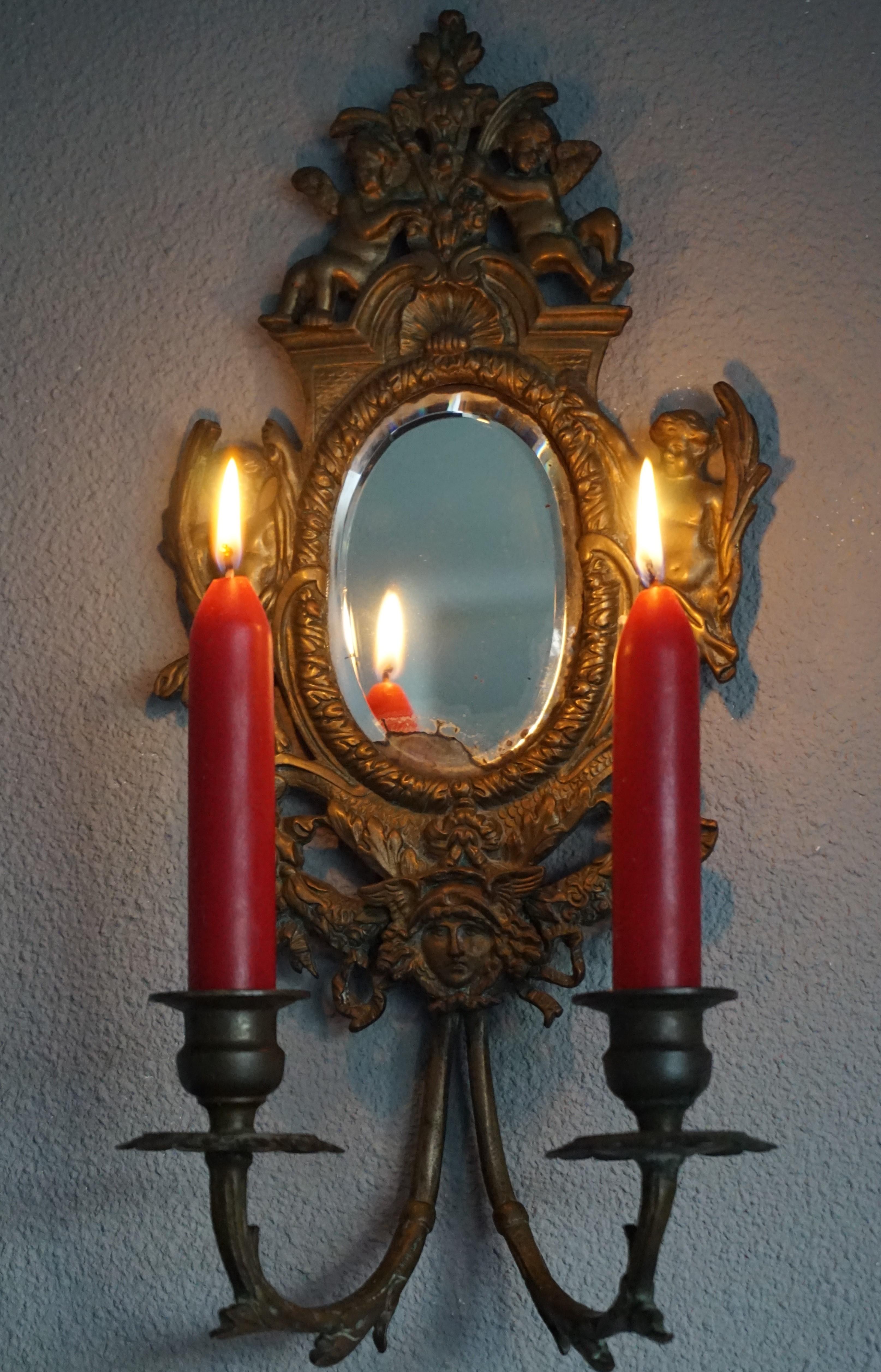 Antique Pair of Bronze Wall Sconce Candelabras w. Mirrors, Angels & Medusa Masks 13