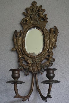 Antique Pair of Bronze Wall Sconce Candelabras w. Mirrors, Angels & Medusa Masks