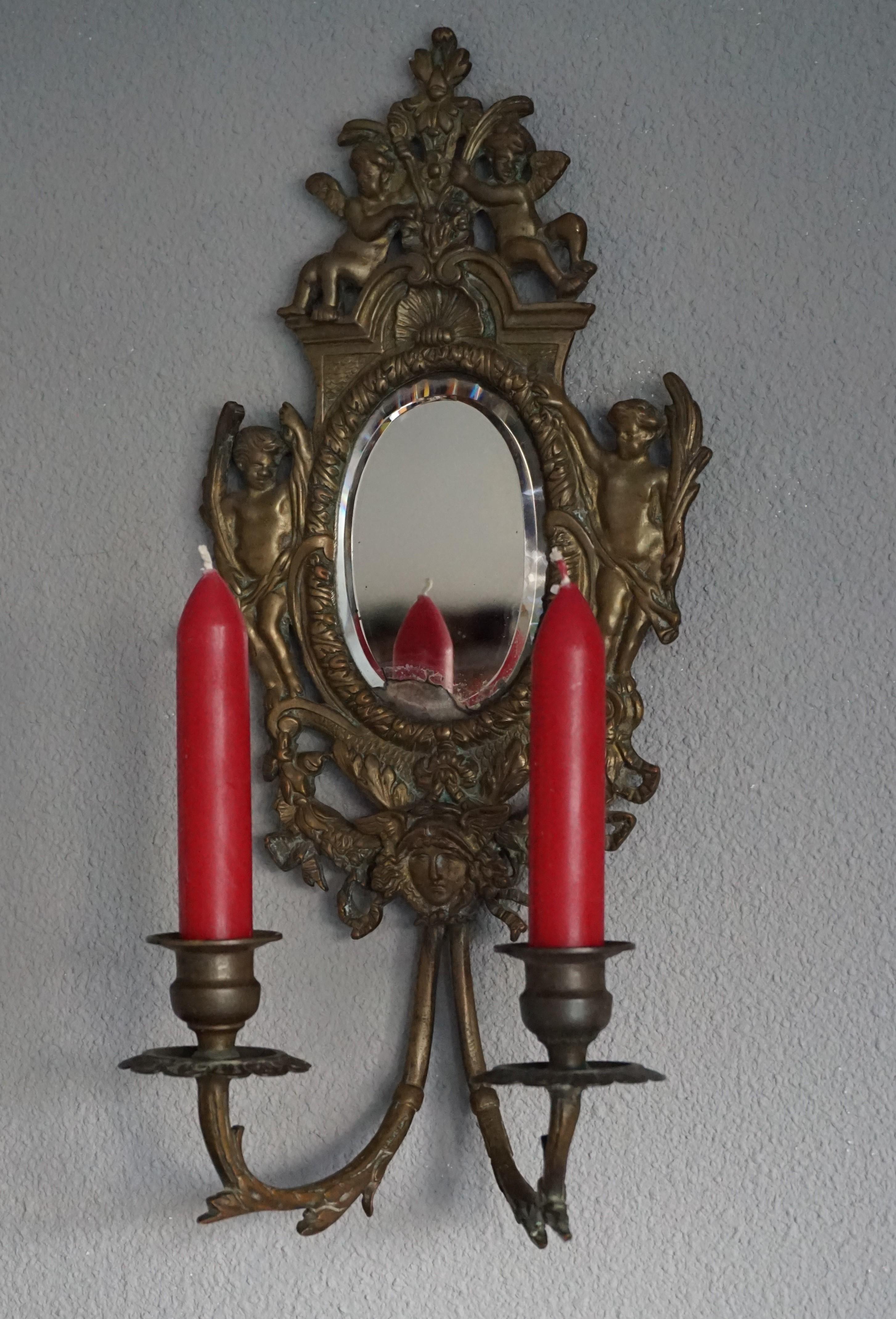 Renaissance Revival Antique Pair of Bronze Wall Sconce Candelabras w. Mirrors, Angels & Medusa Masks