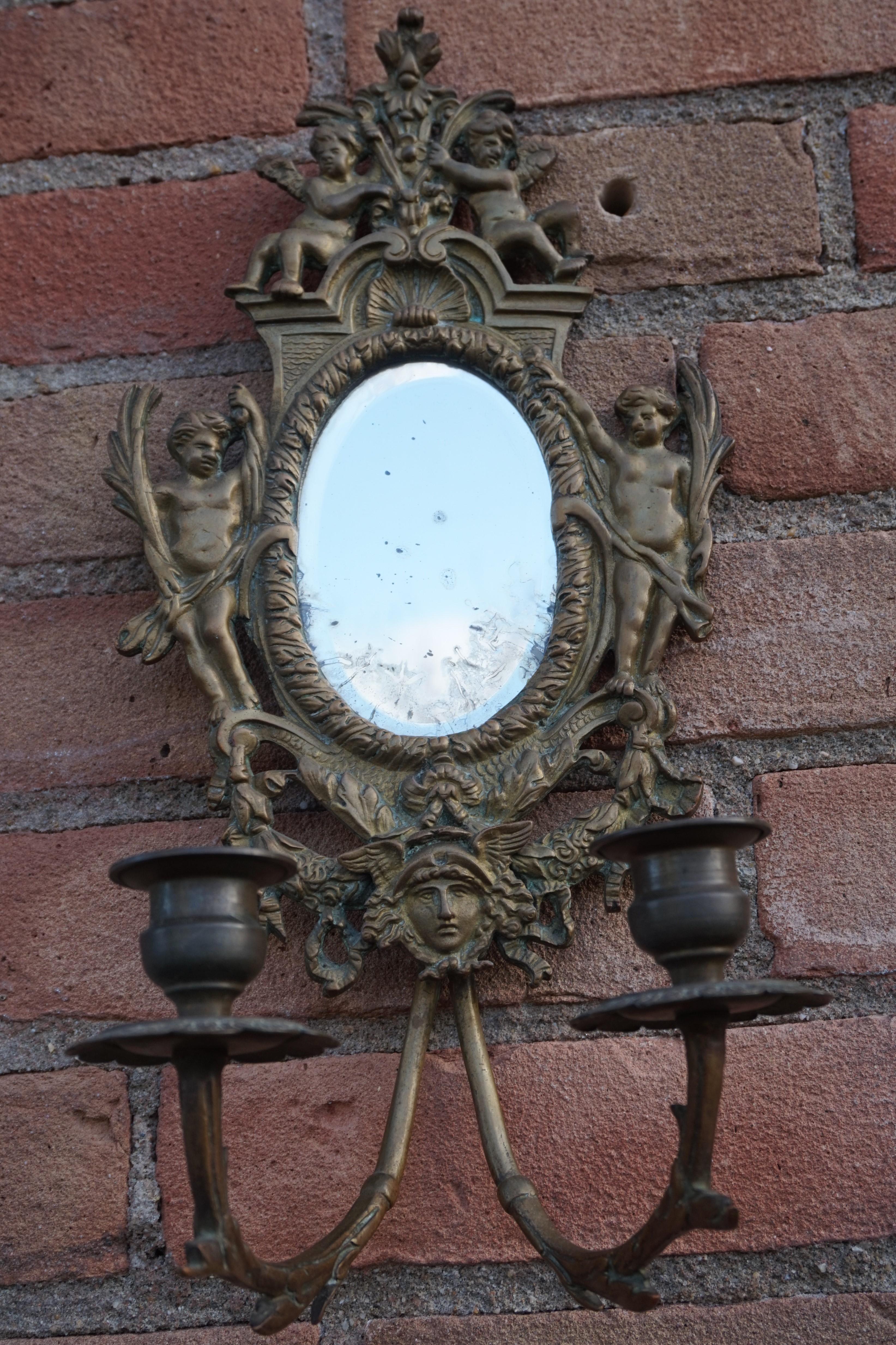 French Antique Pair of Bronze Wall Sconce Candelabras w. Mirrors, Angels & Medusa Masks
