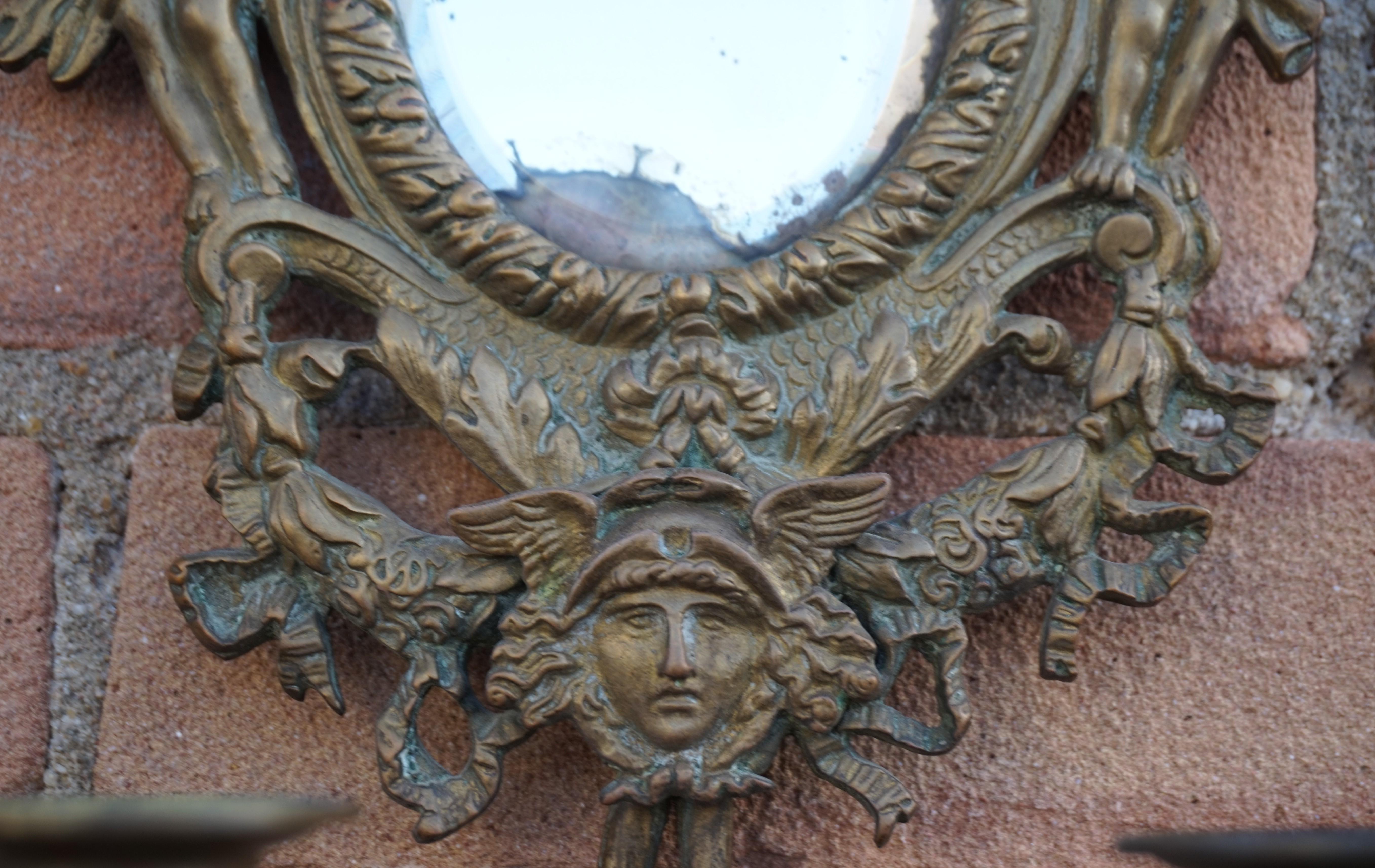 Beveled Antique Pair of Bronze Wall Sconce Candelabras w. Mirrors, Angels & Medusa Masks