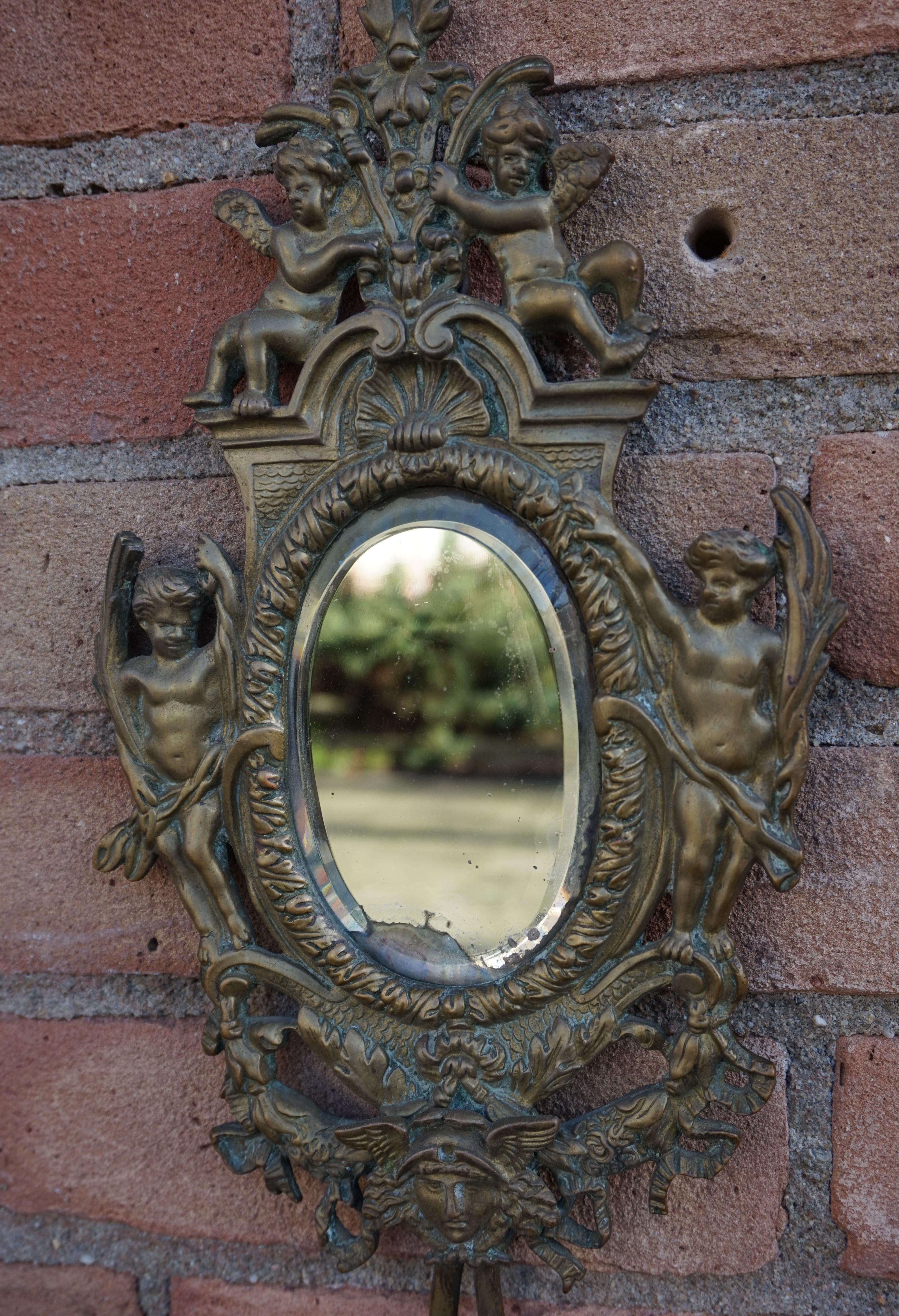 Antique Pair of Bronze Wall Sconce Candelabras w. Mirrors, Angels & Medusa Masks 2