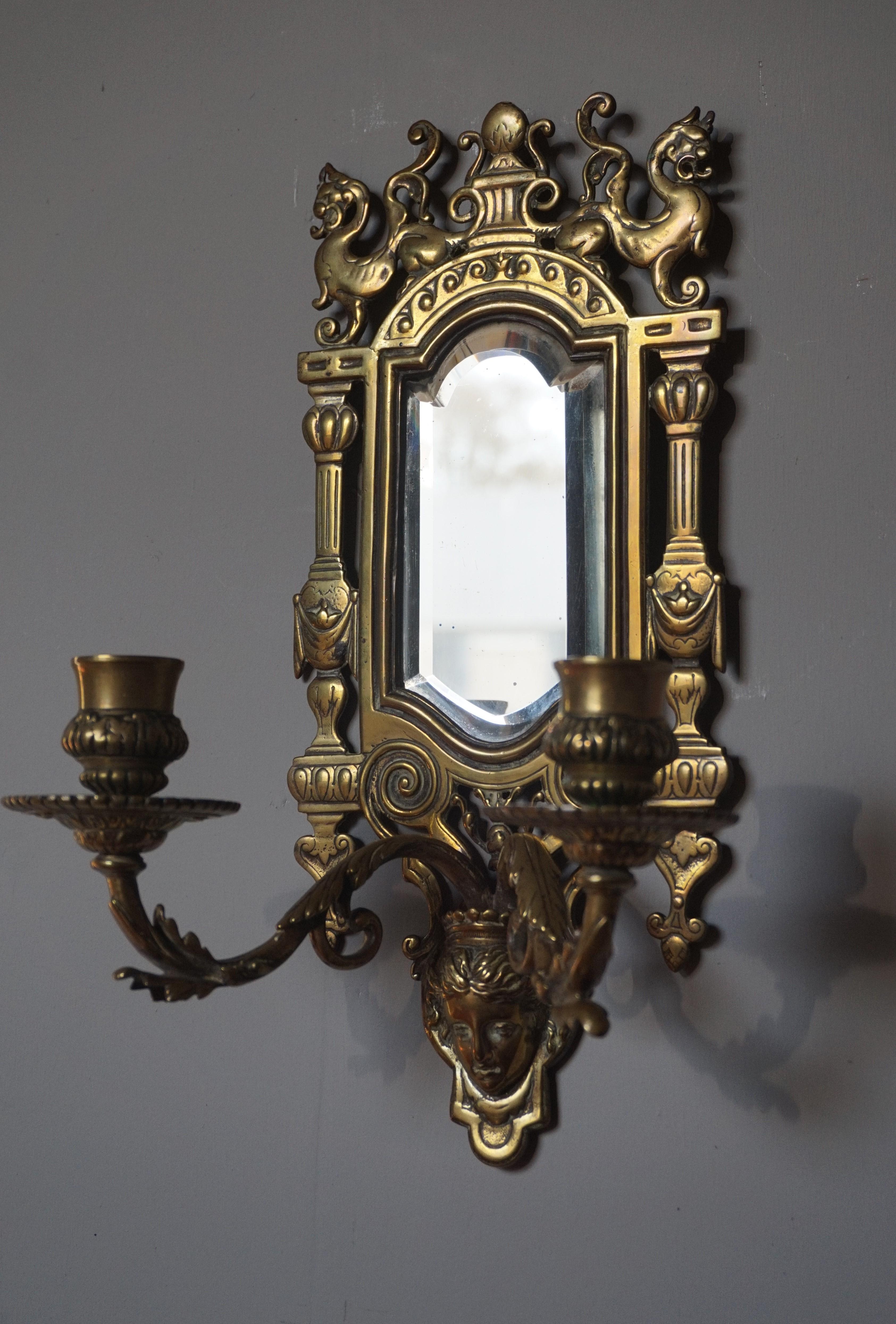 Pair of Bronze Wall Sconce Candleholders with Mirrors & Griffins and More For Sale 3