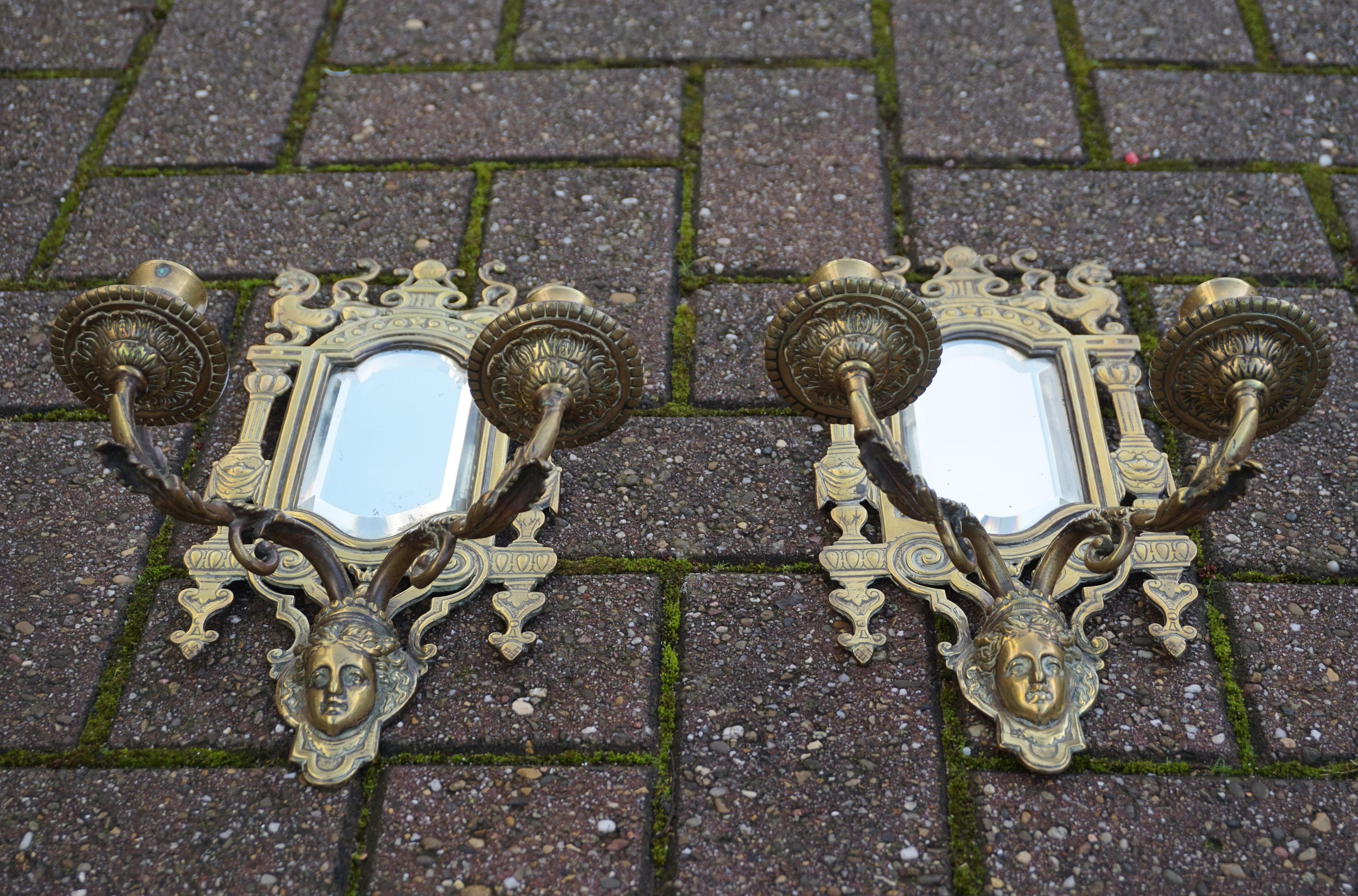 Pair of Bronze Wall Sconce Candleholders with Mirrors & Griffins and More For Sale 6