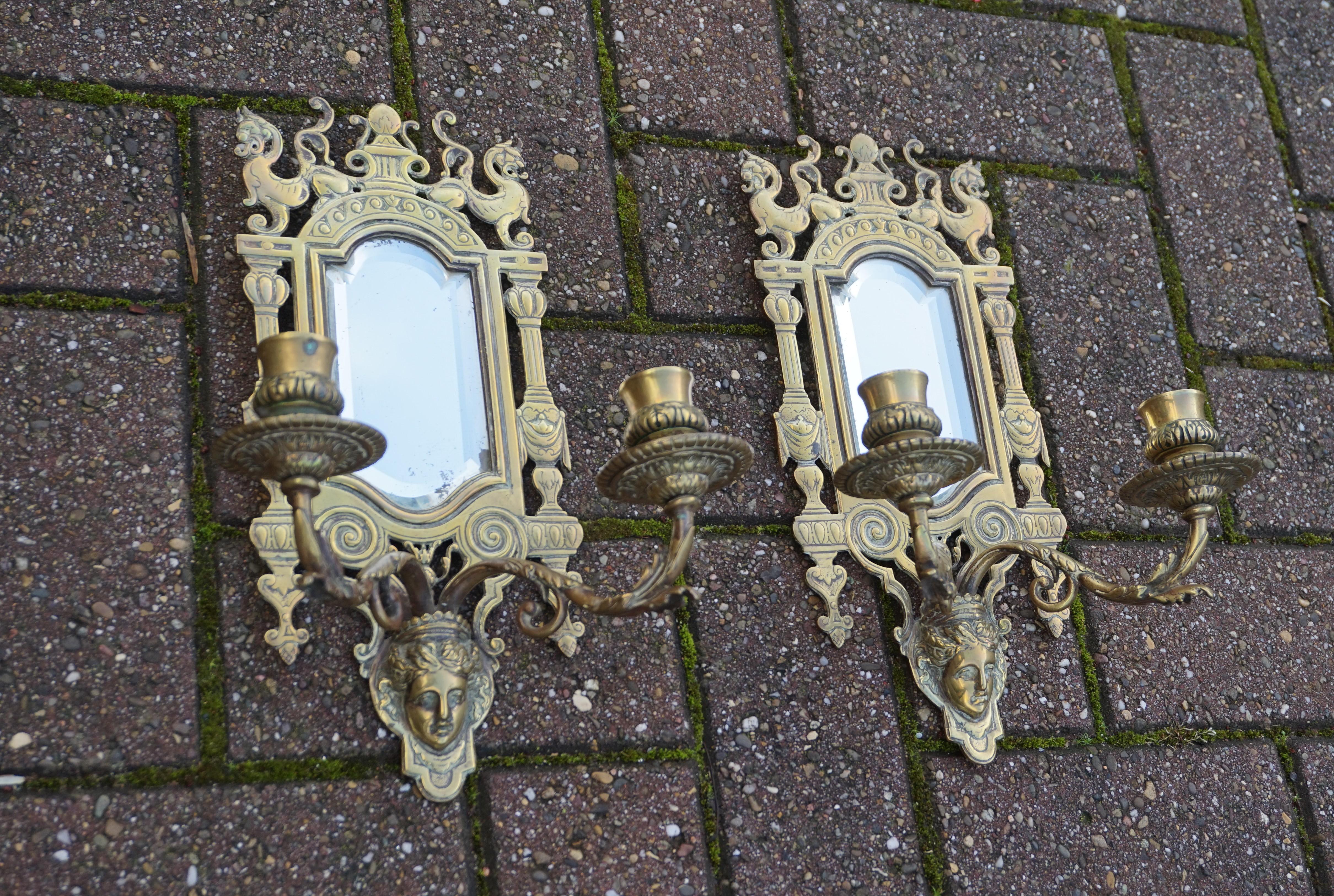 Pair of Bronze Wall Sconce Candleholders with Mirrors & Griffins and More For Sale 12
