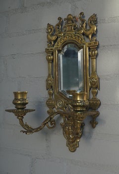Pair of Bronze Wall Sconce Candleholders with Mirrors & Griffins and More