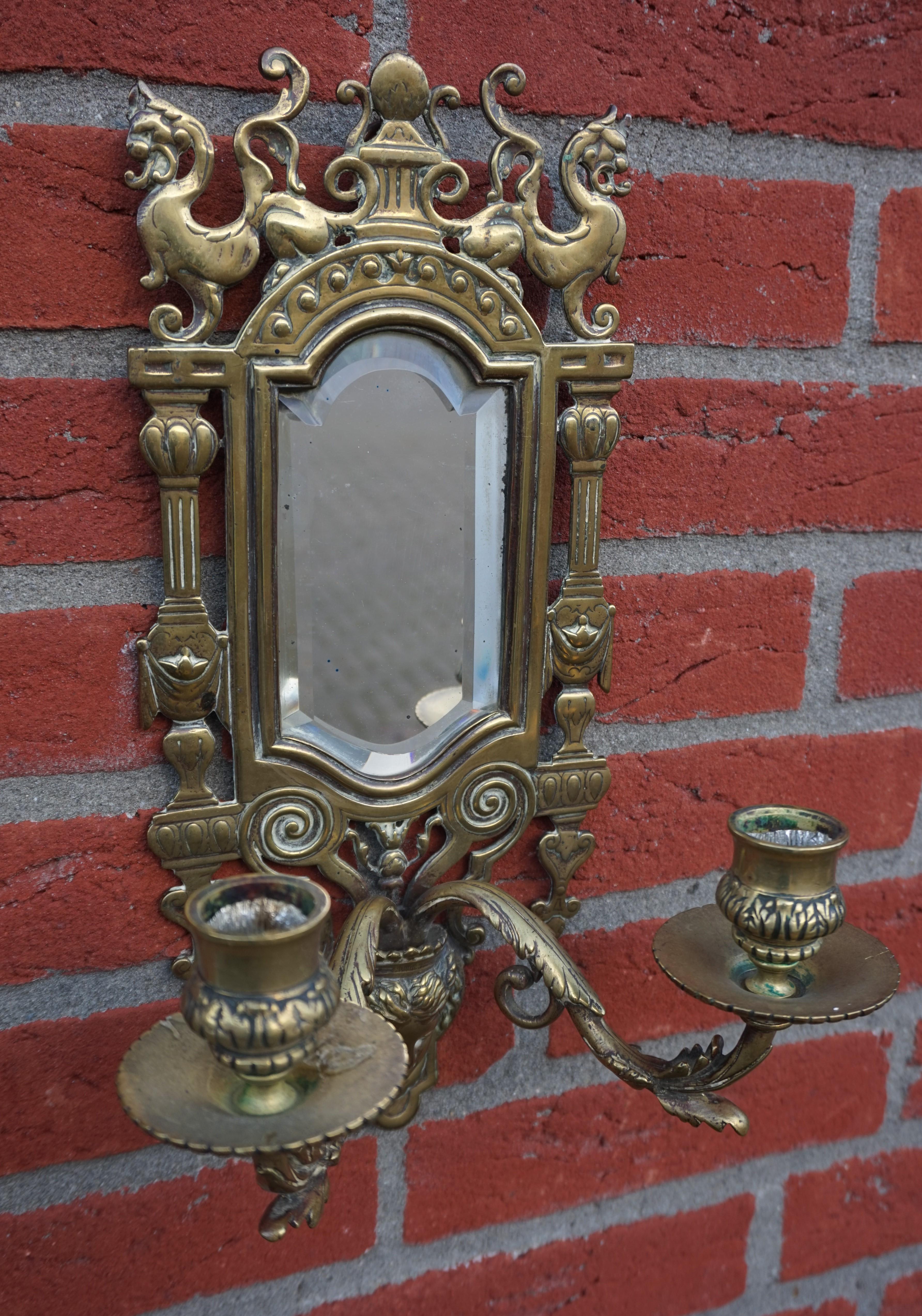 Renaissance Revival Pair of Bronze Wall Sconce Candleholders with Mirrors & Griffins and More For Sale