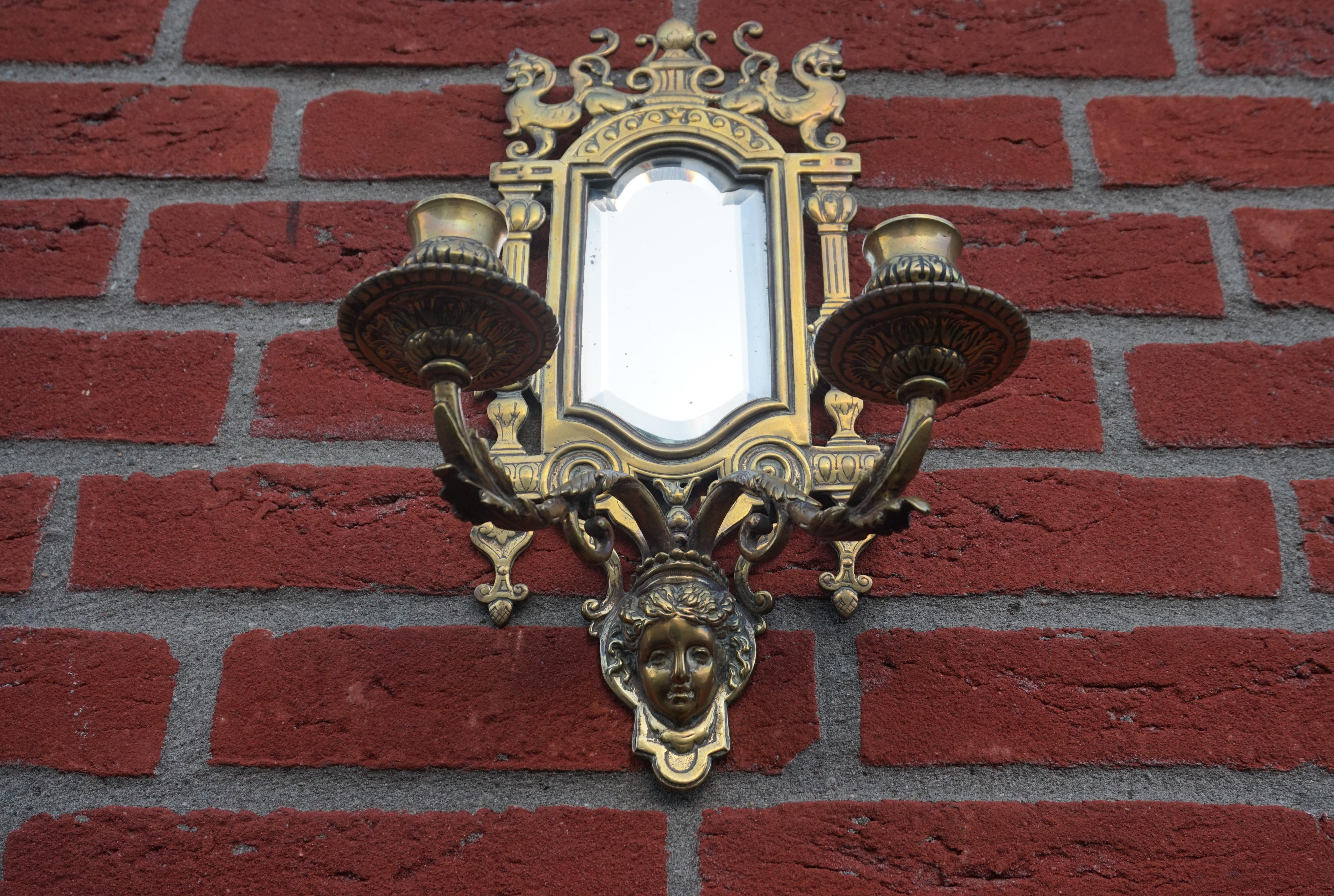 French Pair of Bronze Wall Sconce Candleholders with Mirrors & Griffins and More For Sale