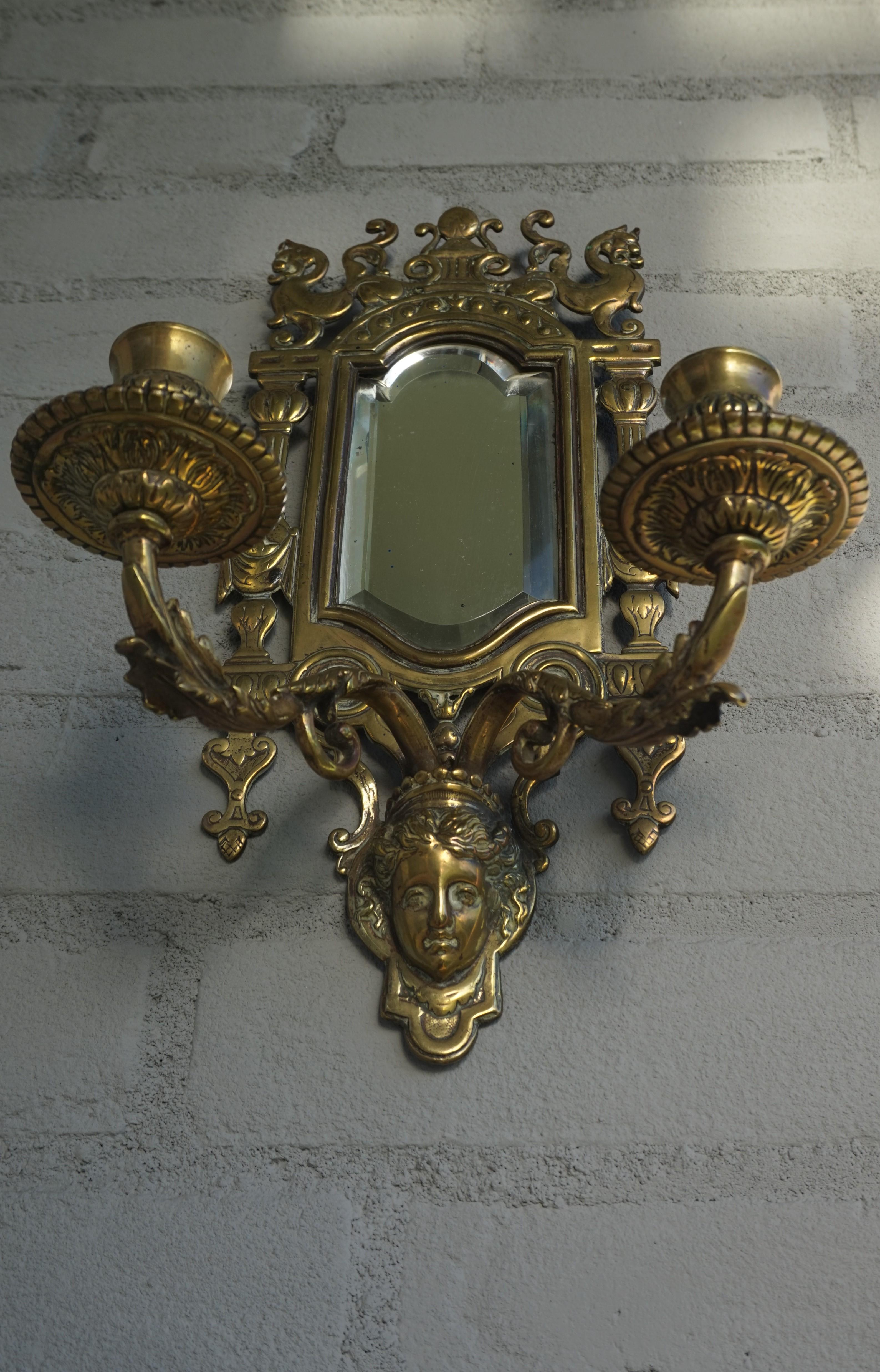 Beveled Pair of Bronze Wall Sconce Candleholders with Mirrors & Griffins and More For Sale