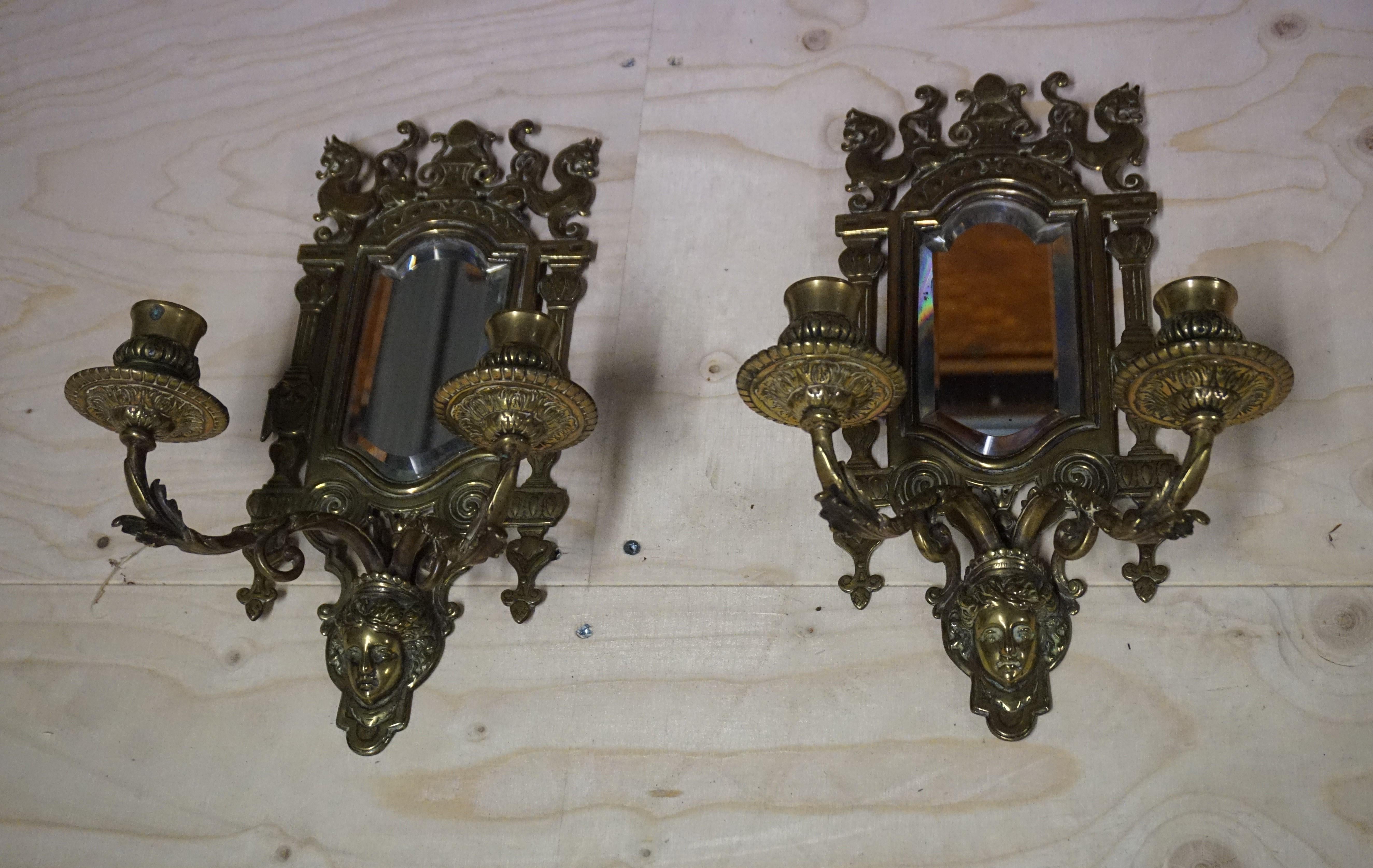 Pair of Bronze Wall Sconce Candleholders with Mirrors & Griffins and More For Sale 1