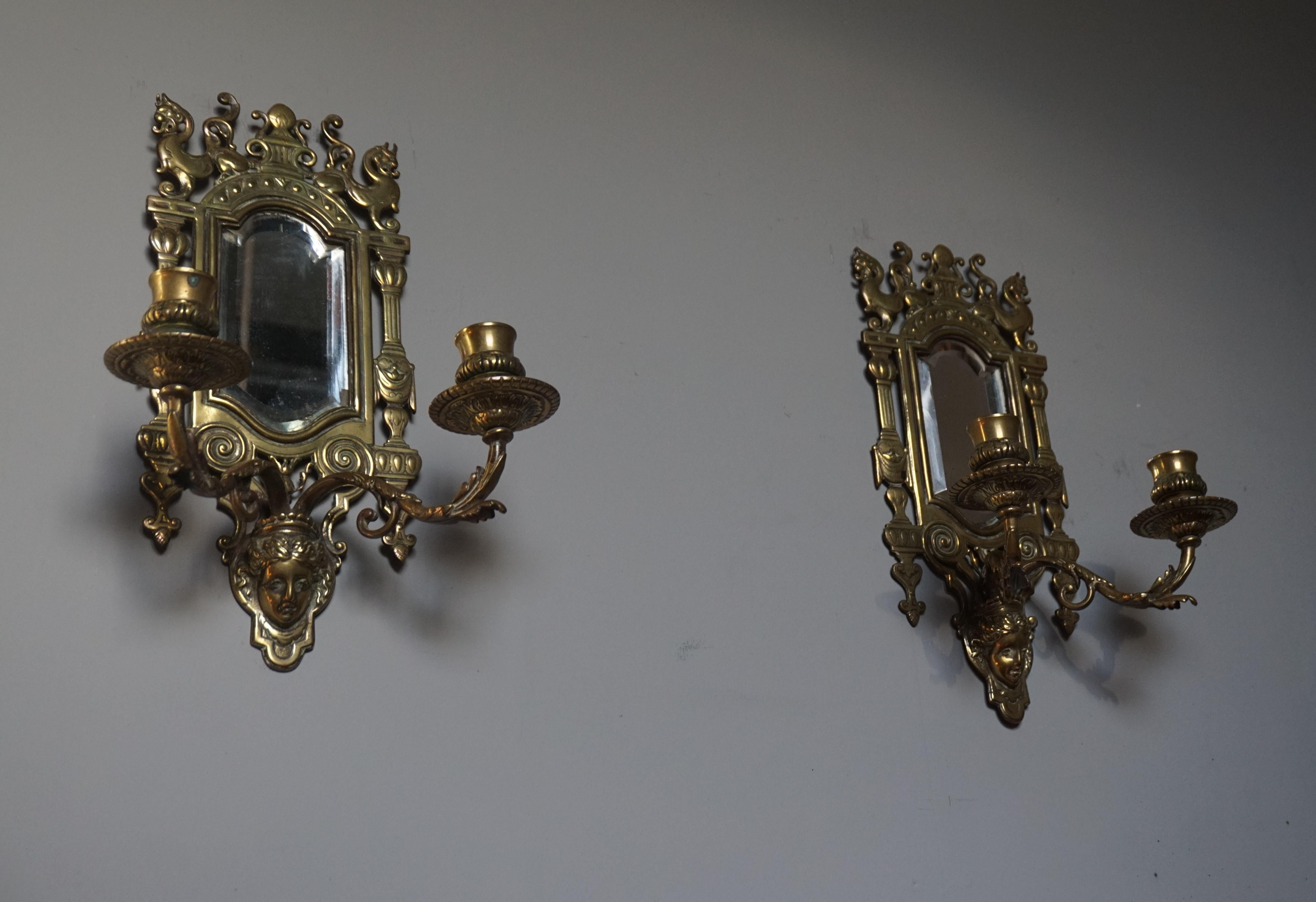 Pair of Bronze Wall Sconce Candleholders with Mirrors & Griffins and More For Sale 2